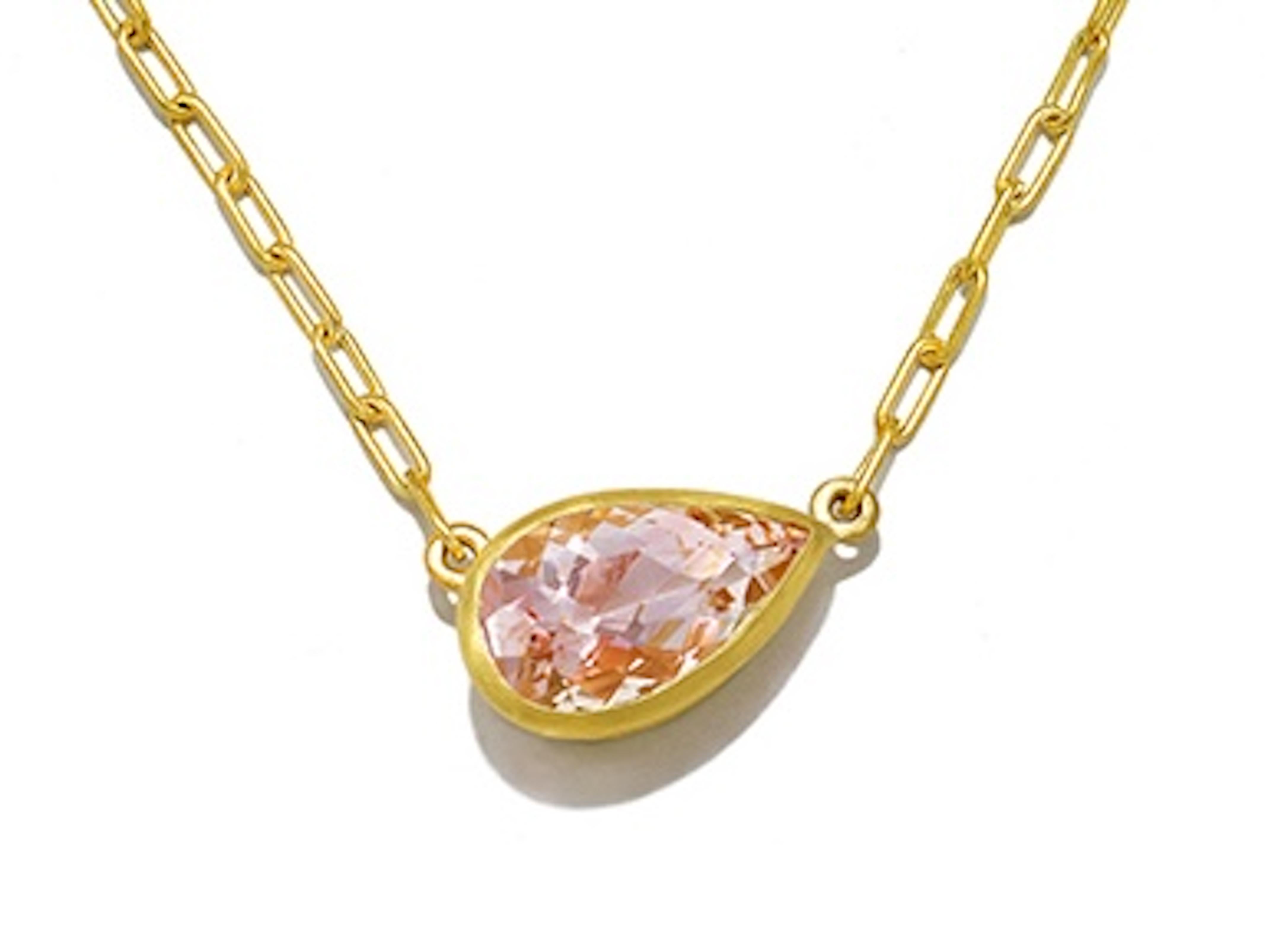 Contemporary Faye Kim 18 Karat Gold Pear Shape Morganite Pendant Necklace For Sale