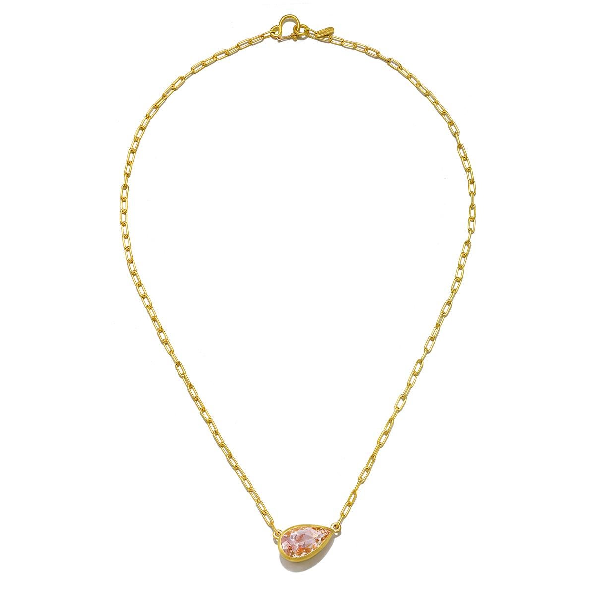 Pear Cut Faye Kim 18 Karat Gold Pear Shape Morganite Pendant Necklace For Sale
