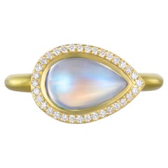 Faye Kim 18 Karat Gold Pear-Shaped Blue Moonstone Ring with Diamond Halo