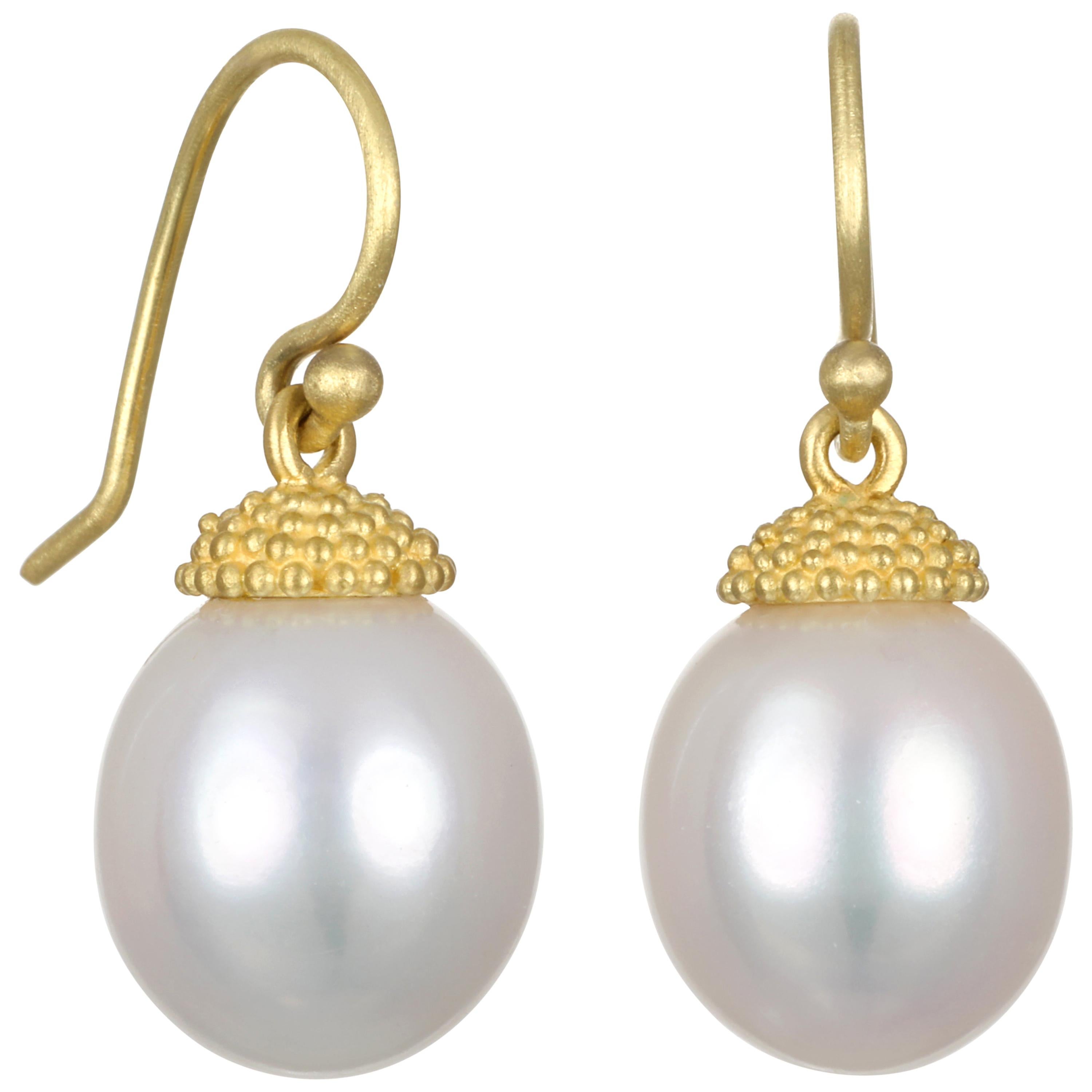Faye Kim 18 Karat Gold Pearl Drop Earrings with Granulation Cap