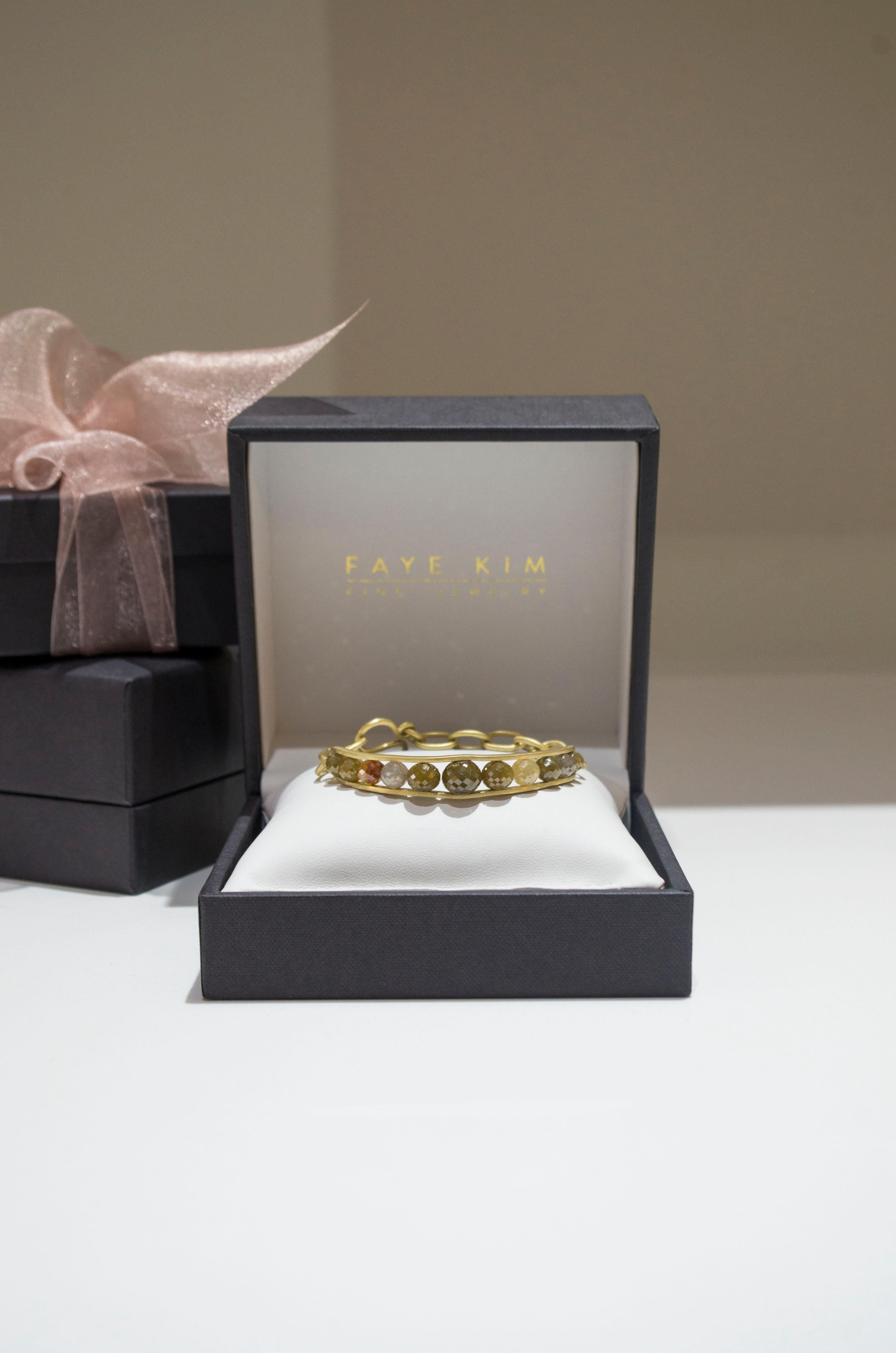 Round Cut Faye Kim 18 Karat Gold Raw Diamond Bead Cuff Bangle For Sale