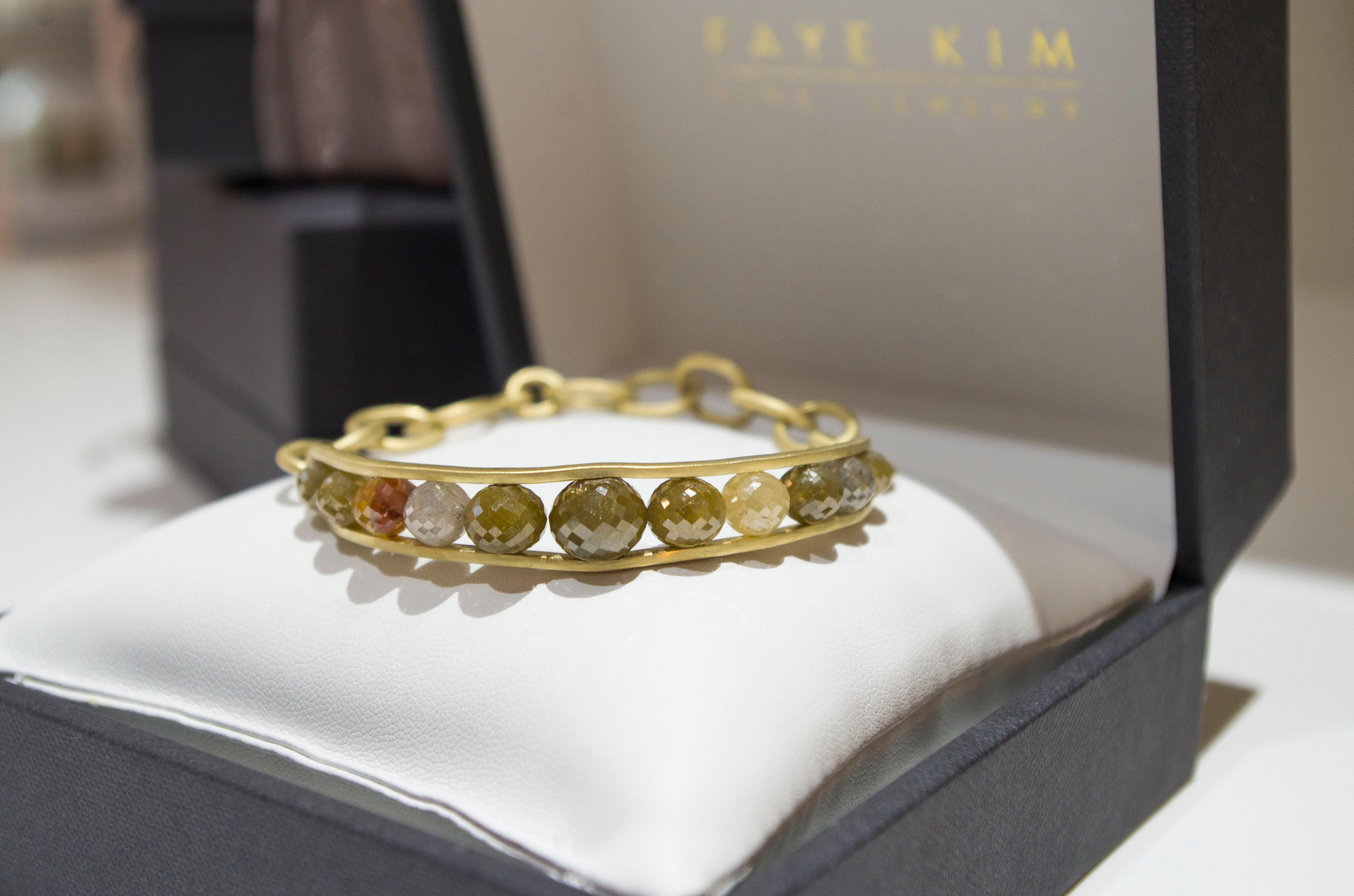 Women's or Men's Faye Kim 18 Karat Gold Raw Diamond Bead Cuff Bangle For Sale