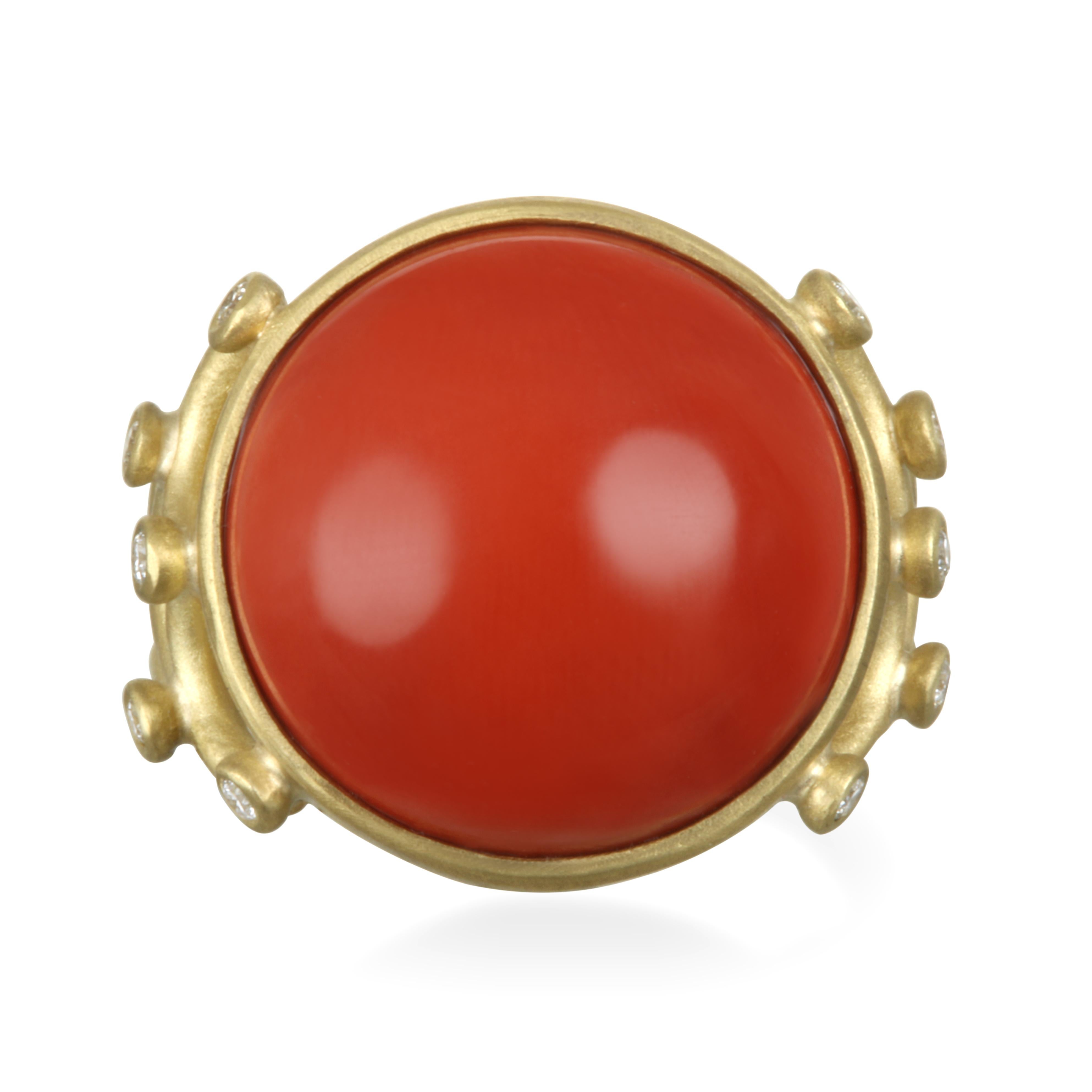 Faye Kim's 18k gold* fiery red coral ring is one of a kind. Coral, which is said to invoke passion, enthusiasm, and optimism in the wearer, has been beautifully handcrafted here by Kim and accented with scallop bezel detail and white diamonds. This