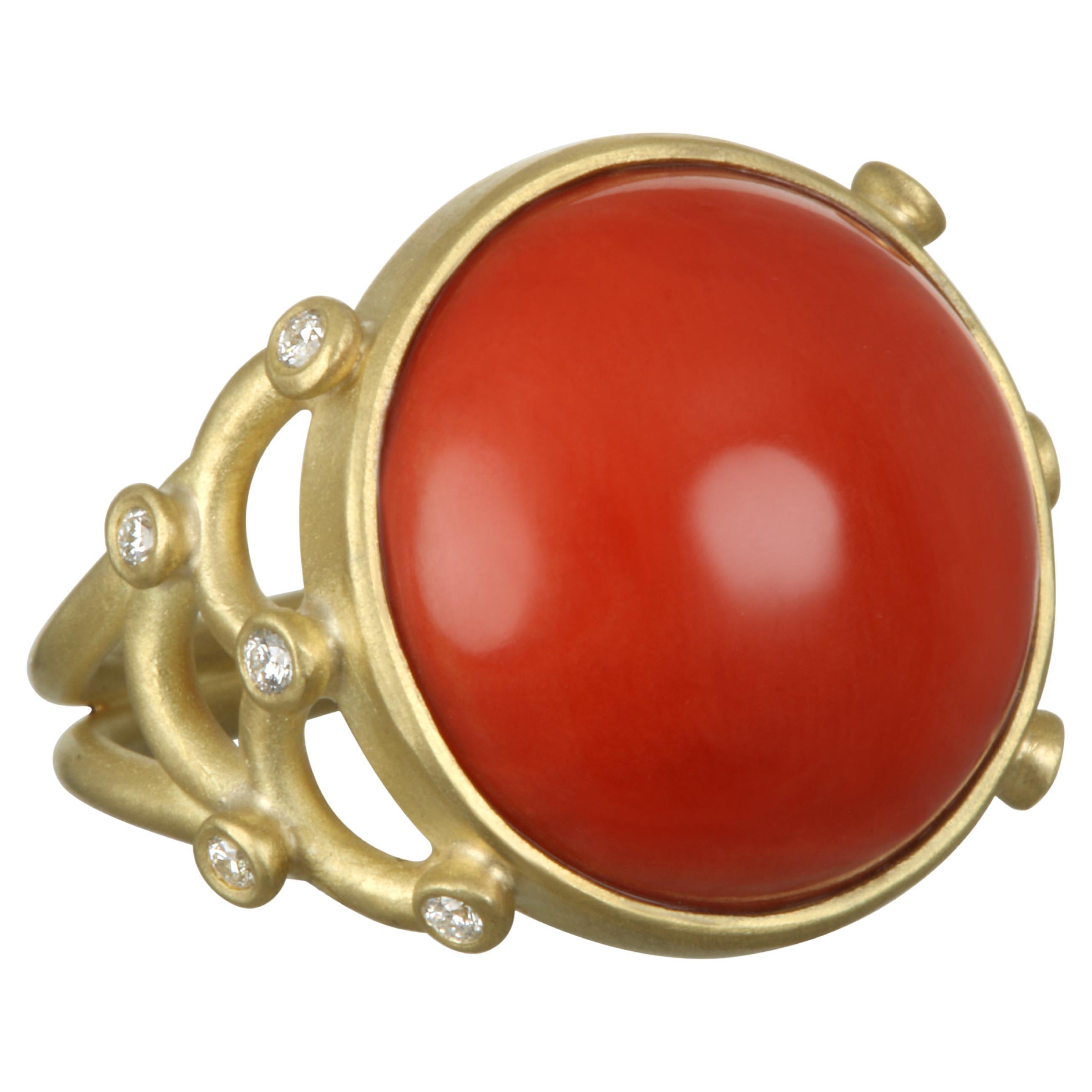 Cabochon Oval Genuine & Natural Red Coral 14K Solid Yellow Gold Ring | eBay
