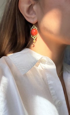 Faye Kim 18 Karat Gold Red Coral and Raw Diamond Scallop Drop Earrings