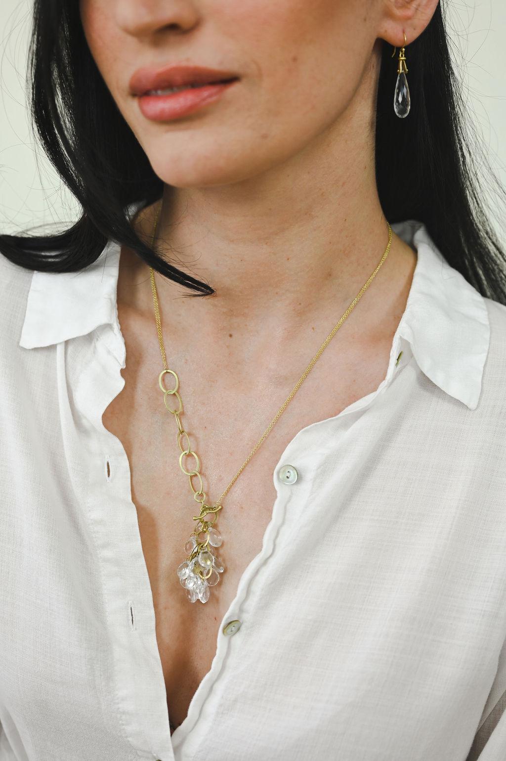 Briolette Cut Faye Kim 18 Karat Gold Rock Crystal Quartz Link Necklace For Sale