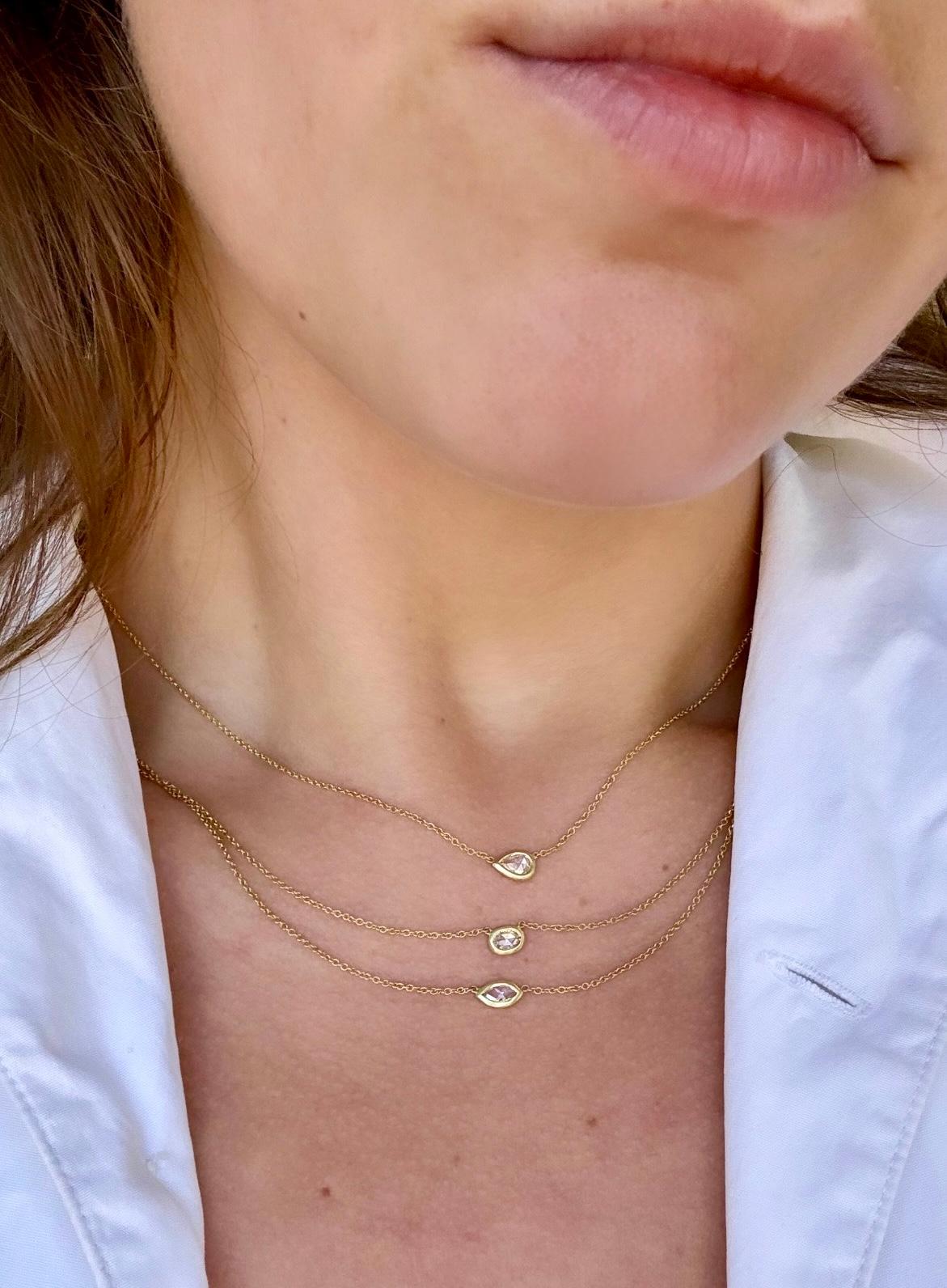 Faye Kim's classic 18k Gold Rose Cut Marquise Diamond Necklace on 18k gold cable chain. Worn alone or layered, the look is timeless and perfect for every day. Sold individually.

Diamond .17 carats 
Chain 16-18