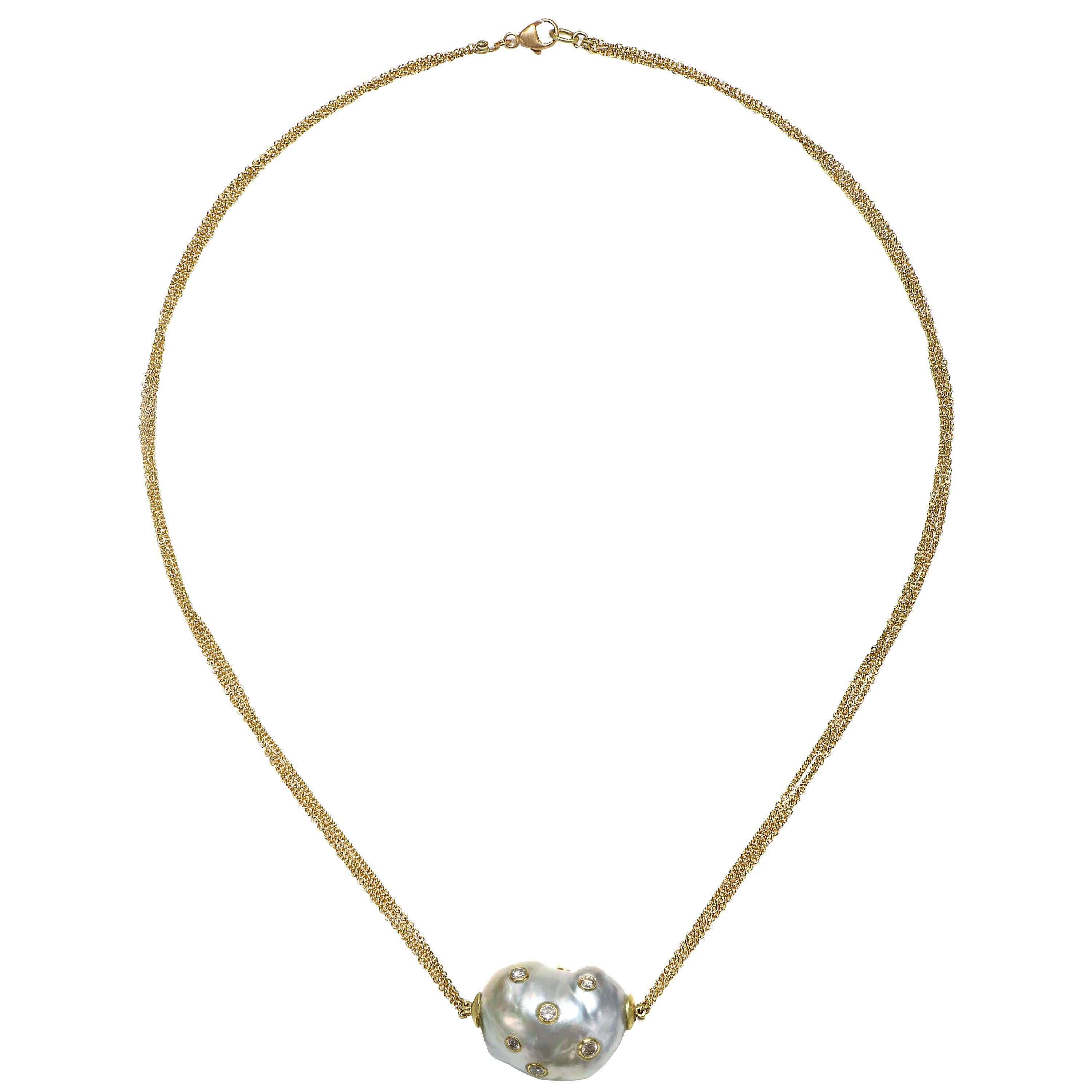 Faye Kim 18 Karat Gold South Sea Pearl and Diamond Necklace For Sale
