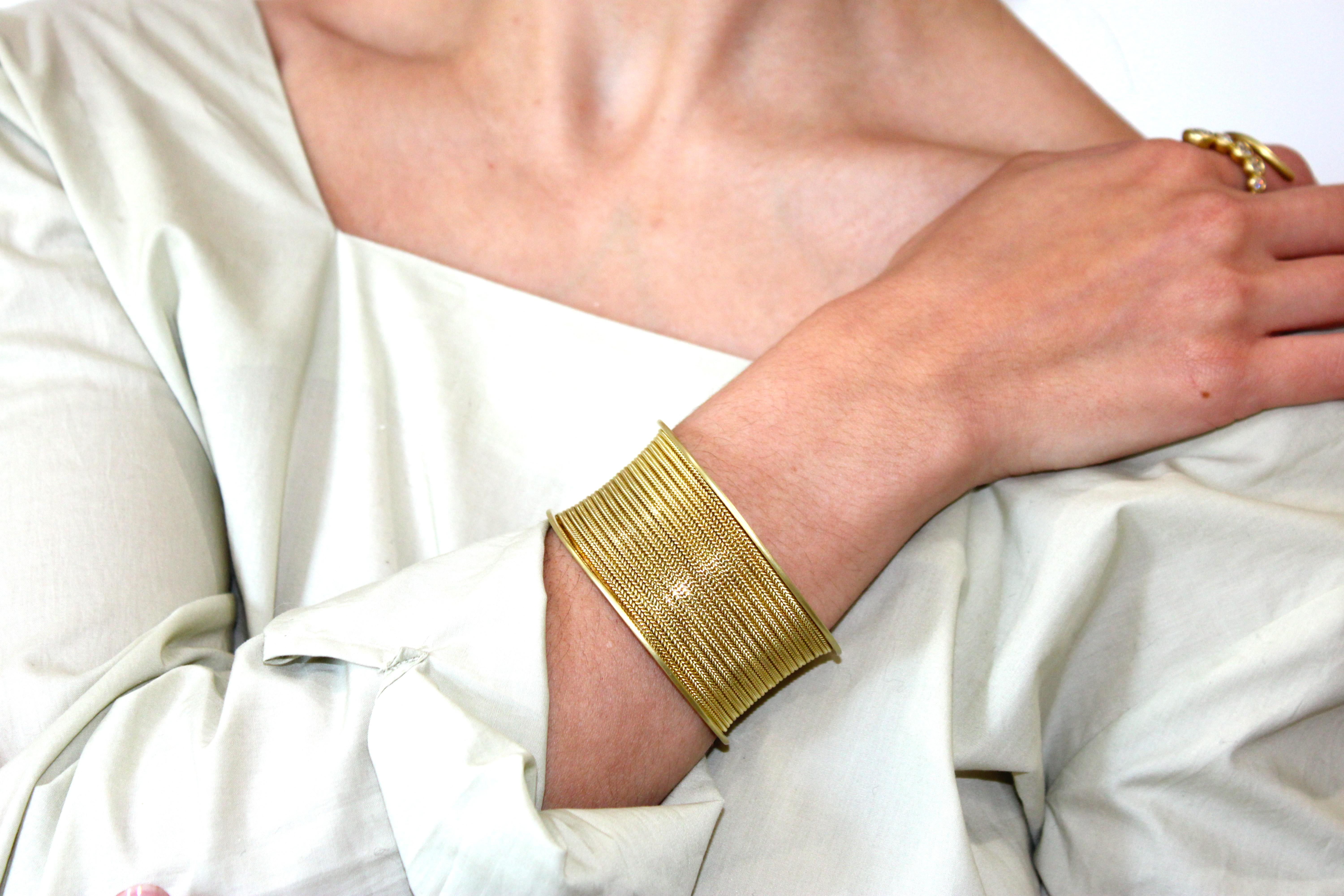 Contemporary Faye Kim 18 Karat Gold Textured Cuff with Diamond Granulation Bead Detail For Sale