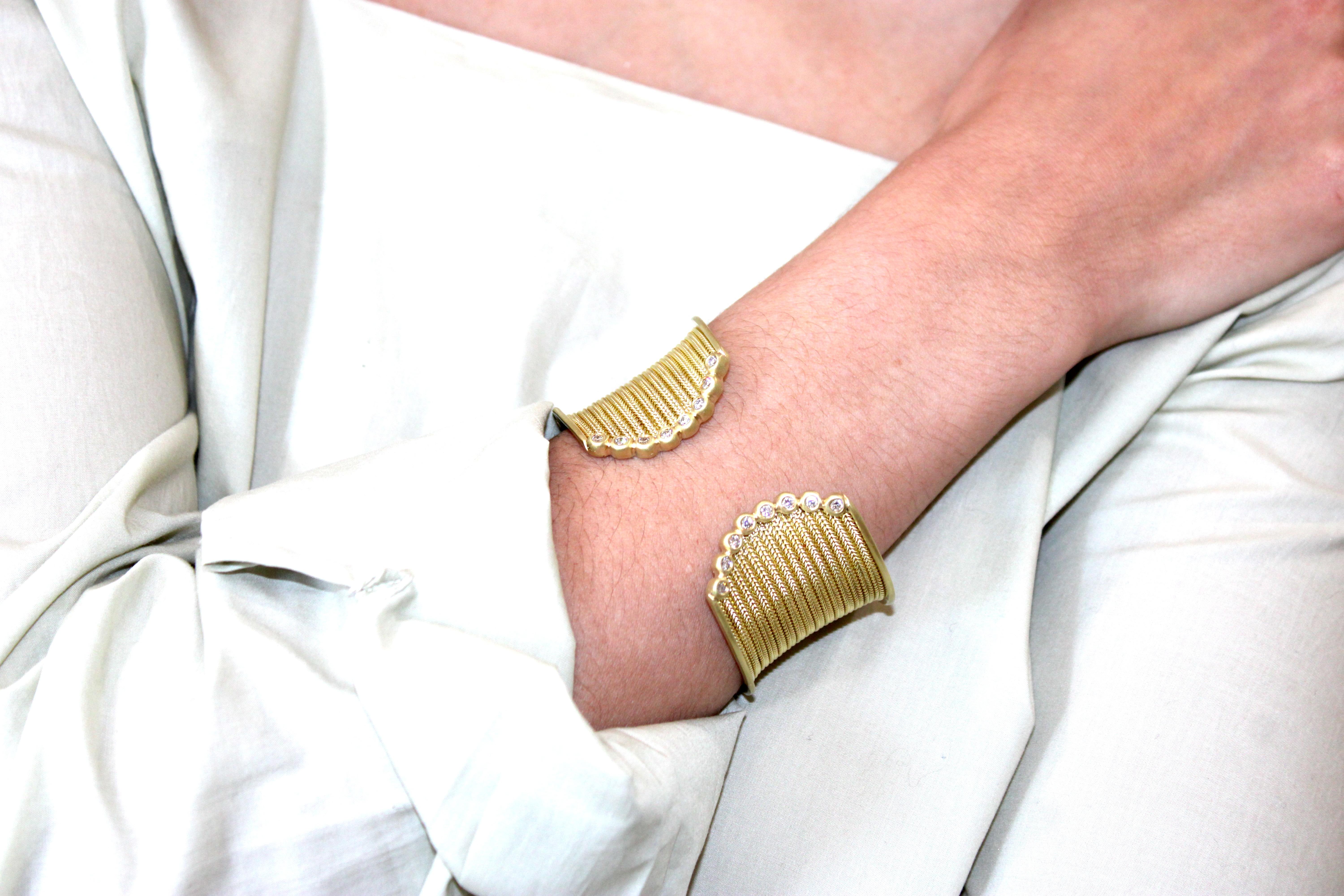 Round Cut Faye Kim 18 Karat Gold Textured Cuff with Diamond Granulation Bead Detail For Sale