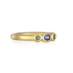 Faye Kim 18 Karat Gold Three-Stone Blue and Green Sapphire Bezel Stack Ring