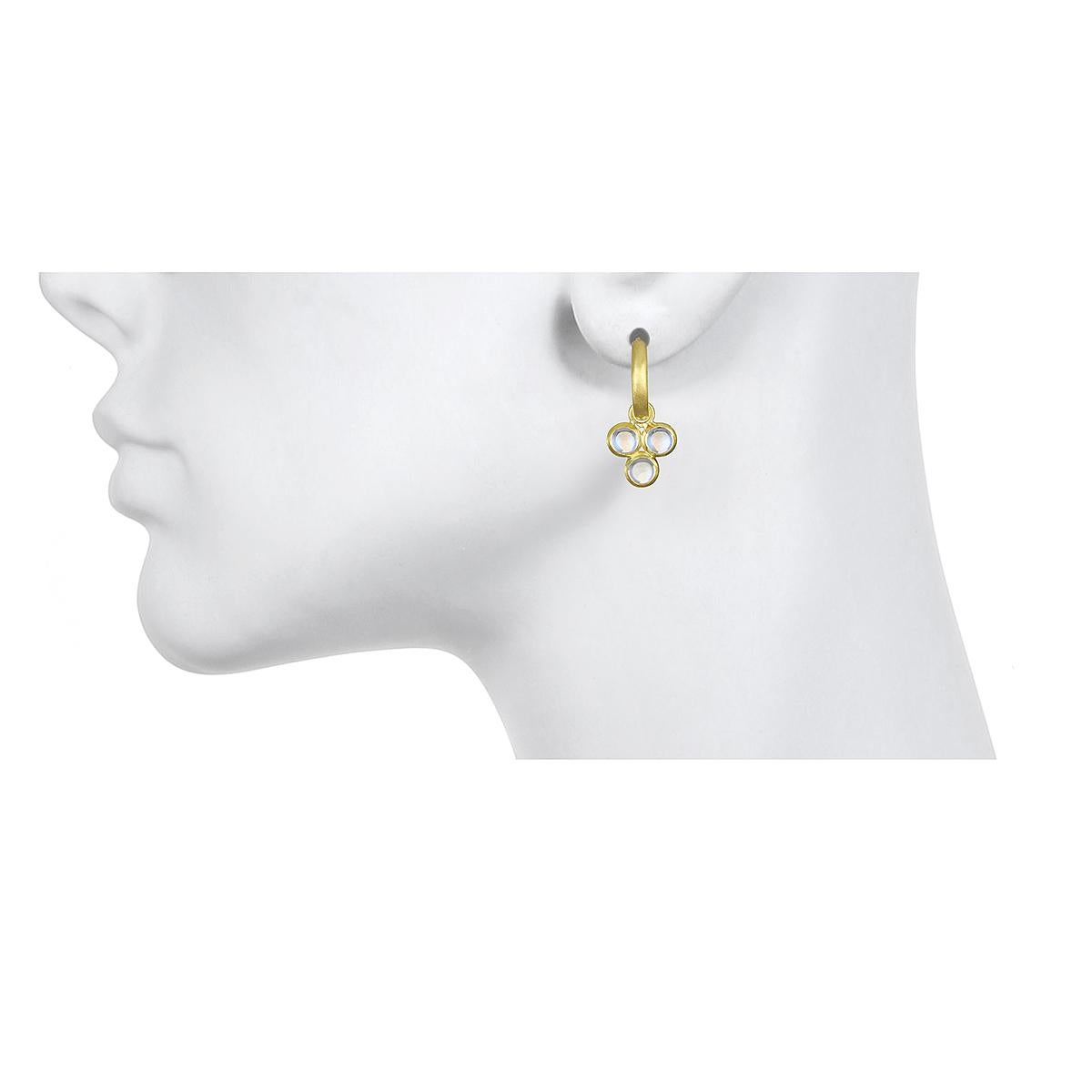 Faye Kim's 18k Gold Triple Blue Ceylon Moonstone Drops for hoops, with their distinctive bluish sheen and translucent glow, are complemented by matte-finished gold bezels. 

Drops length .375