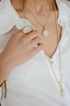 Faye Kim 18 Karat Gold Triple Diamond Oval Moonstone Pendant