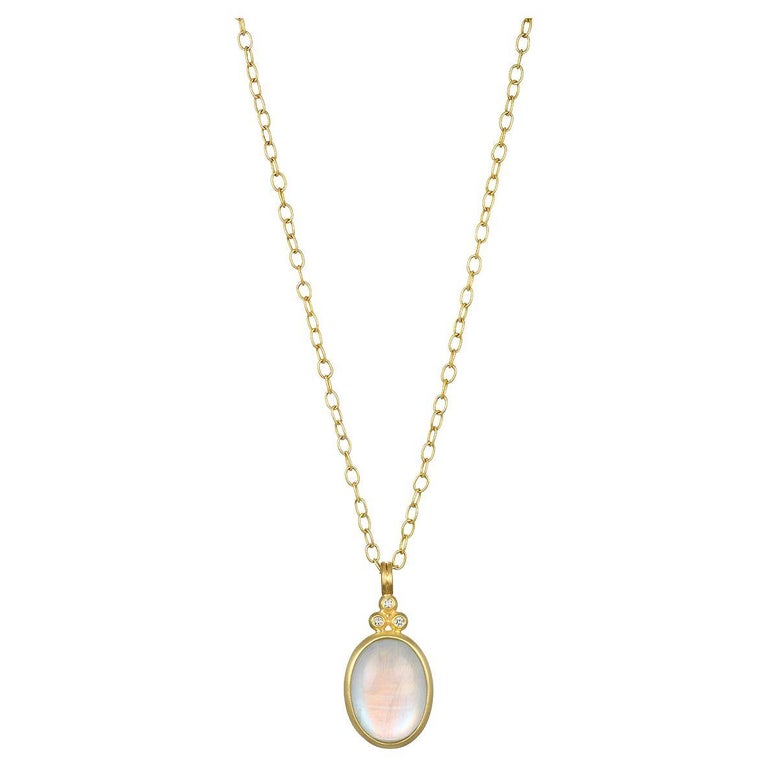 Faye Kim 18 Karat Gold Triple Diamond Oval Moonstone Pendant For Sale ...