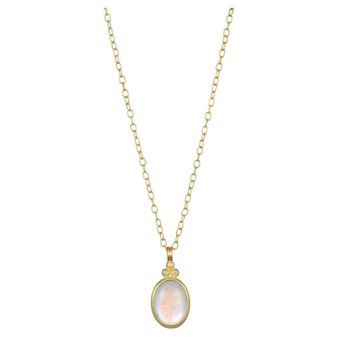 Faye Kim 18 Karat Gold Triple Diamond Oval Moonstone Pendant