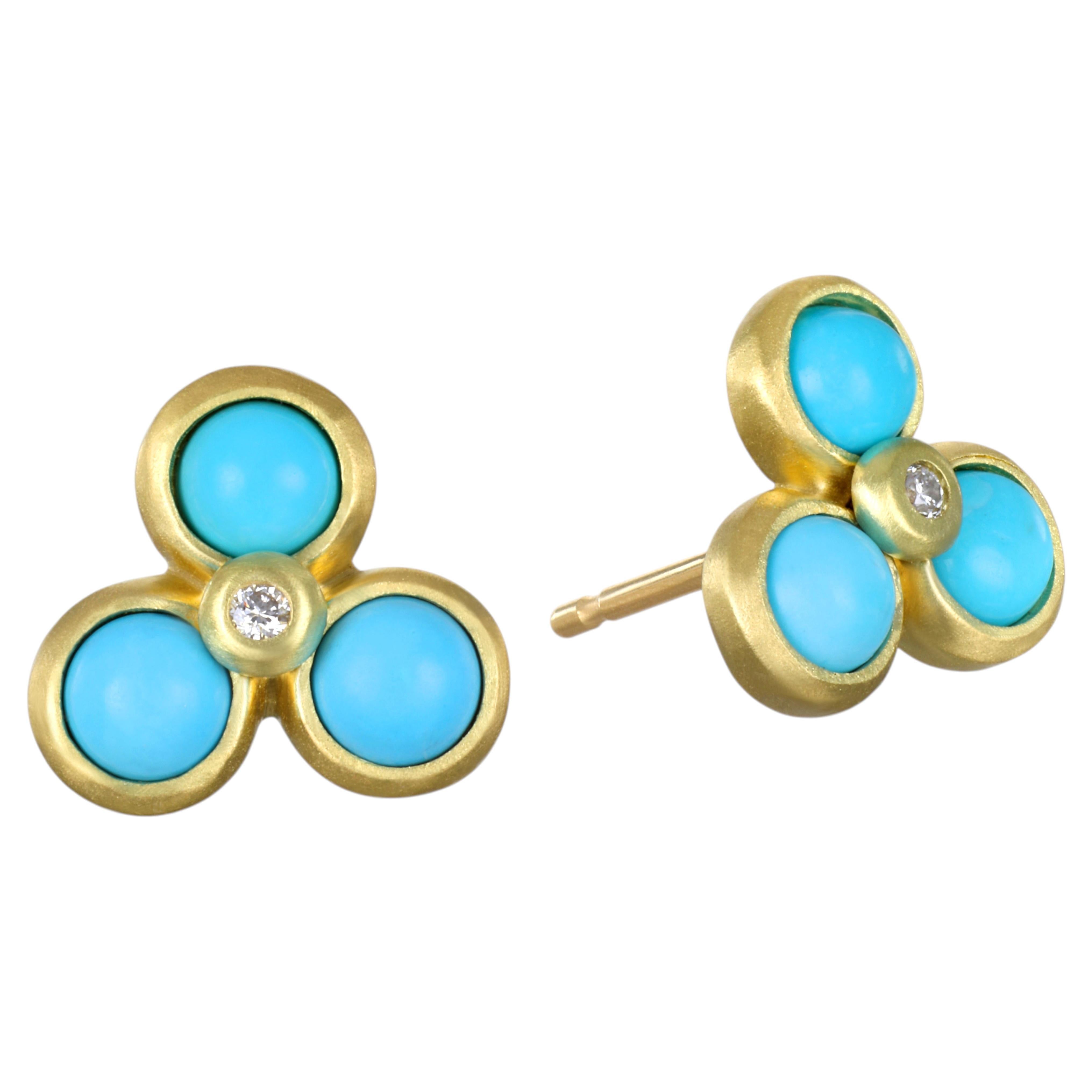Faye Kim 18 Karat Gold Triple Turquoise and Diamond Cluster Stud Earrings For Sale