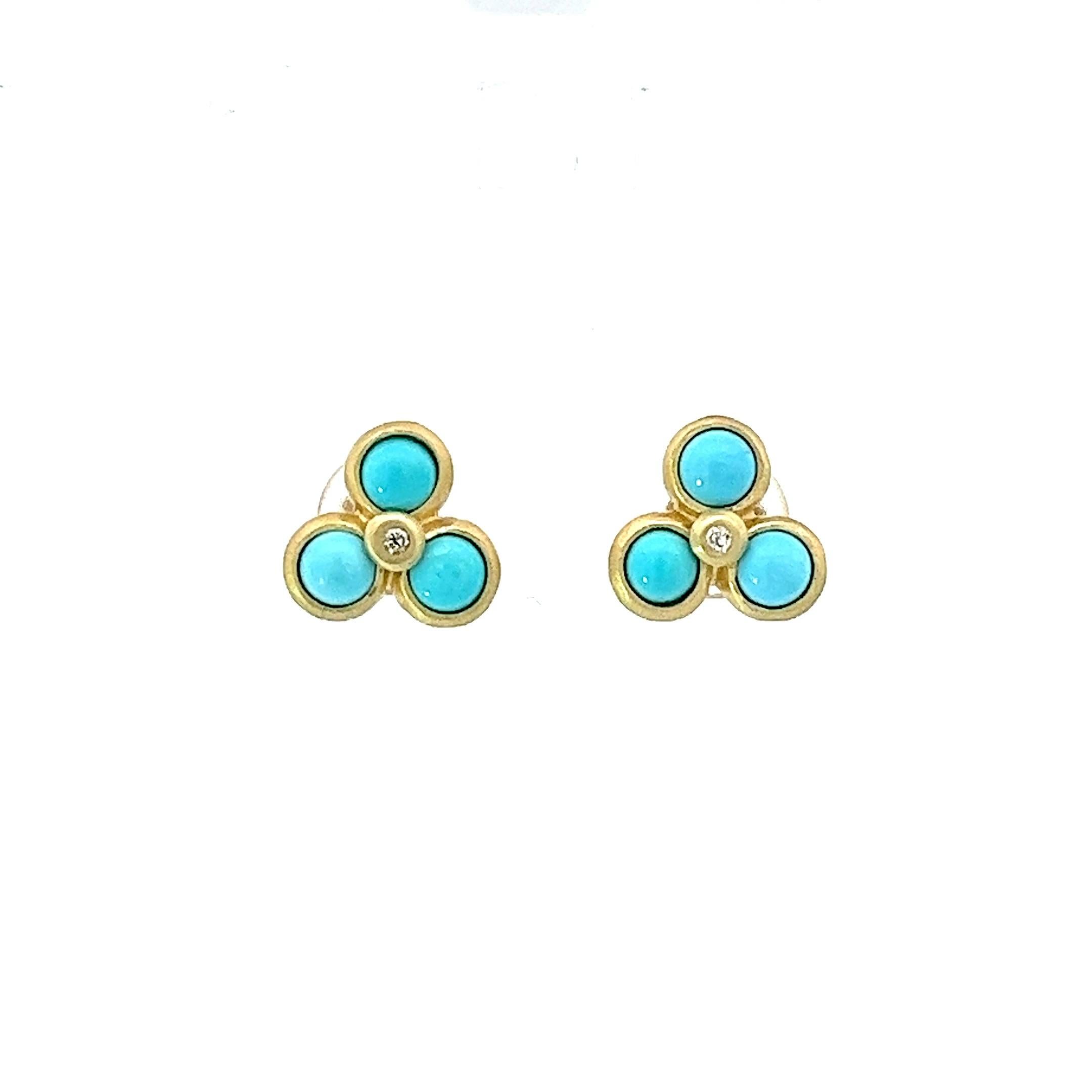 Faye Kim's 18 Karat Gold Triple Turquoise and Diamond Stud Earrings feature three bezel set brightly hued turquoise stones and one round center diamond per stud. Providing the perfect amount of color 