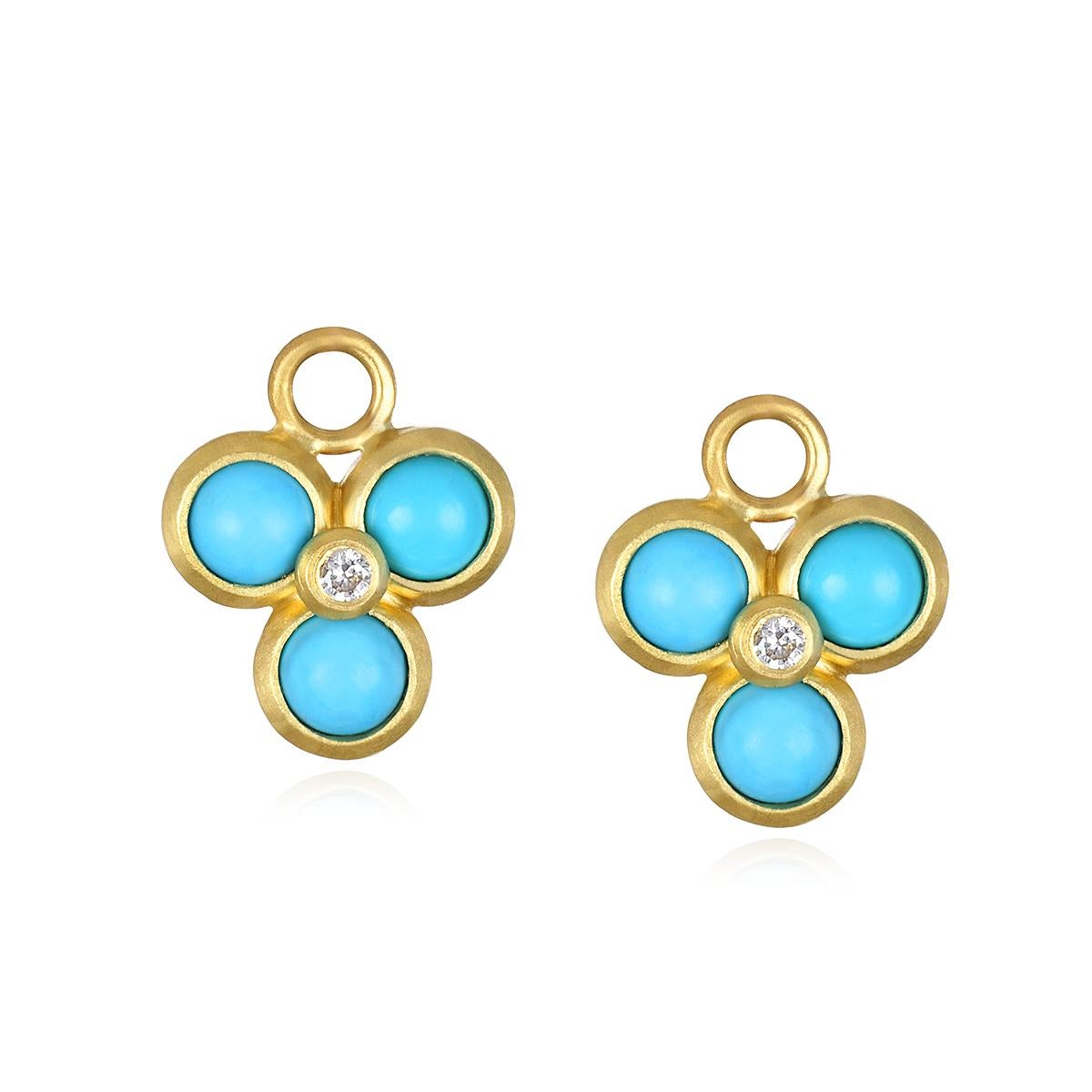 Faye Kim's 18 Karat Gold Triple Turquoise Diamond Drops feature three bezel set brightly hued turquoise stones and one round center diamond per drop. Providing the perfect amount of color 