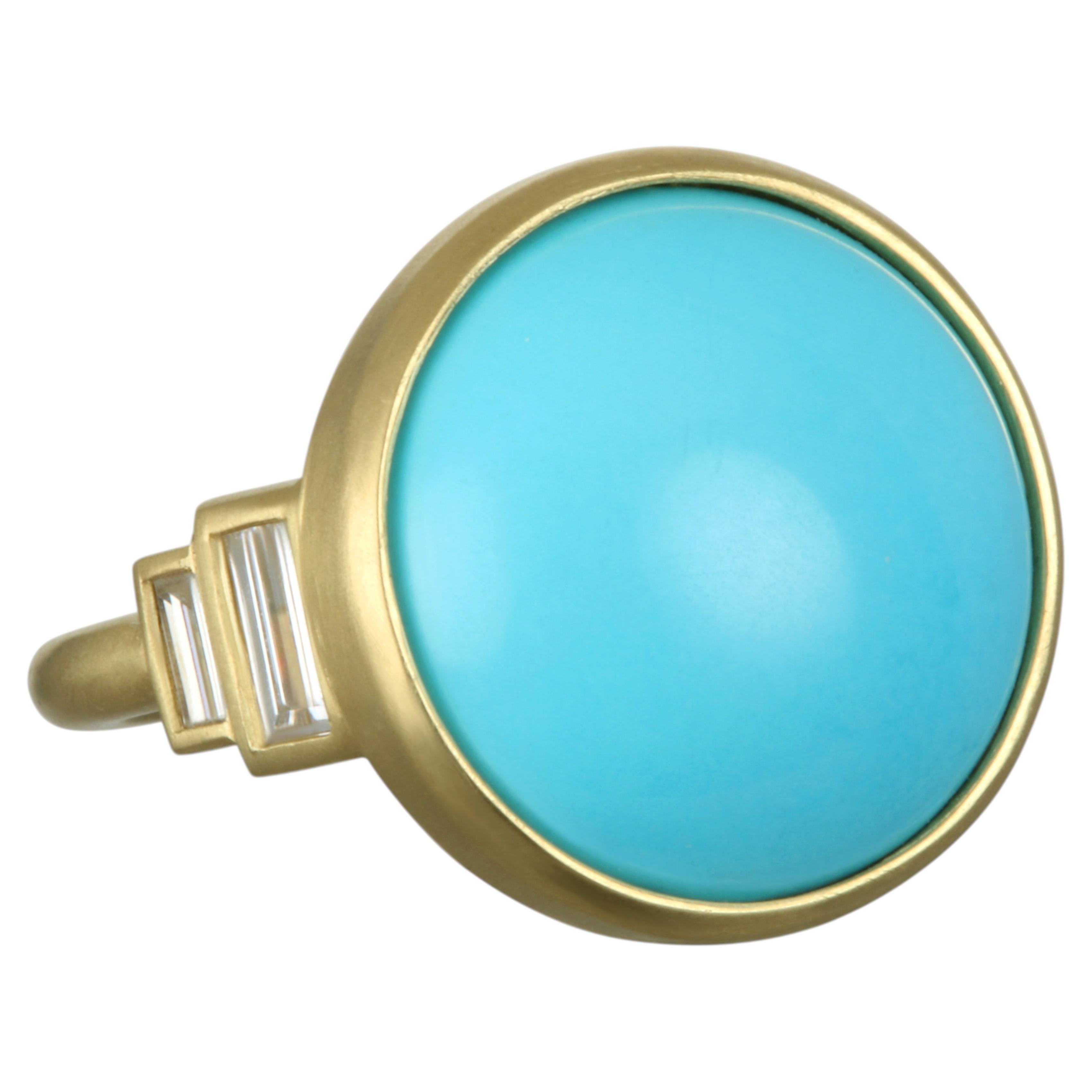 Faye Kim 18 Karat Gold Turquoise and Diamond Bezel Ring, Size 7.5 For Sale