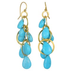 Faye Kim 18 Karat Gold Turquoise Briolette Planished Multi-Loop Drop Earrings