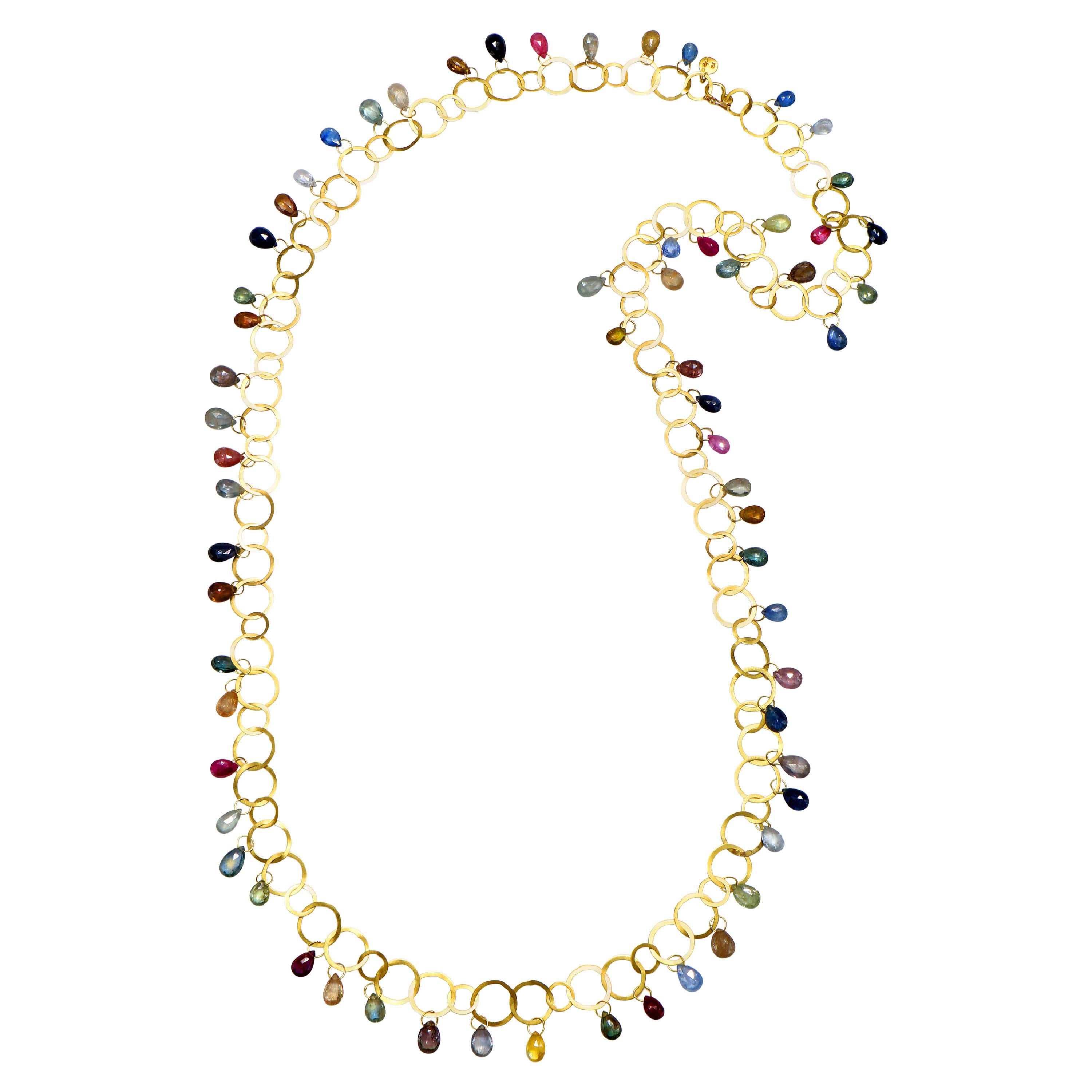 Faye Kim 18 Karat Gold Umba Sapphire Briolette Fringe Link Necklace - 24" For Sale