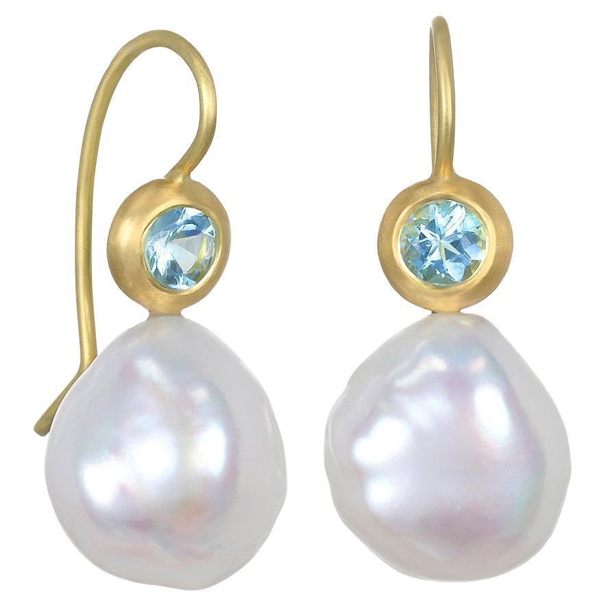 Faye Kim 18 Karat Gold White Freshwater Baroque Pearl and Aquamarine Earrings For Sale