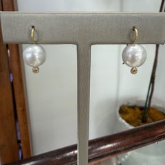 Faye Kim 18 Karat Gold White Freshwater Pearl Drop Earrings with Diamond Accent