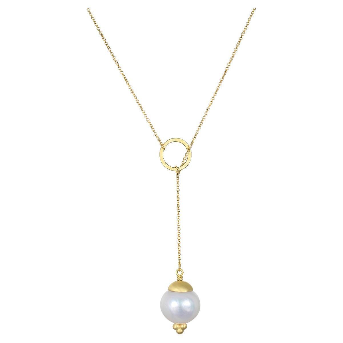 Faye Kim 18 Karat Gold White Freshwater Pearl Y Necklace For Sale