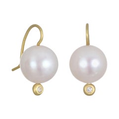 Faye Kim 18 Karat Gold White Pearl Earrings with Diamond Tip