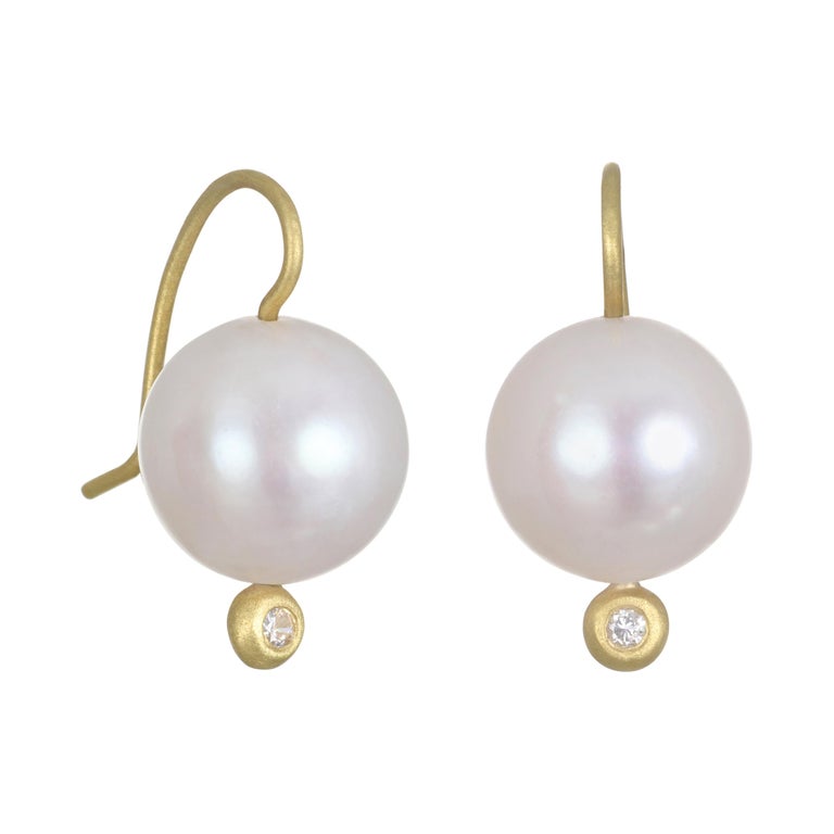 Faye Kim 18 Karat Gold White Pearl Earrings with Diamond Tip at 1stDibs