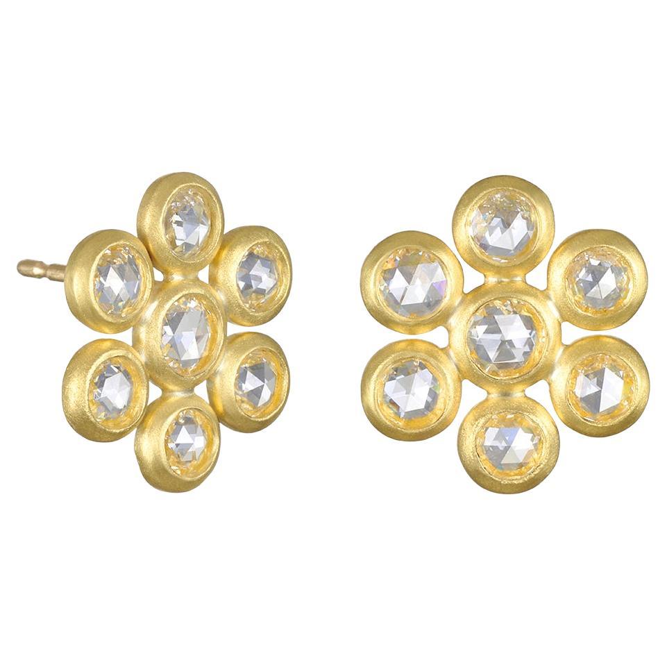 Faye Kim 18 Karat Gold White Rose Cut Diamond Daisy Earrings For Sale