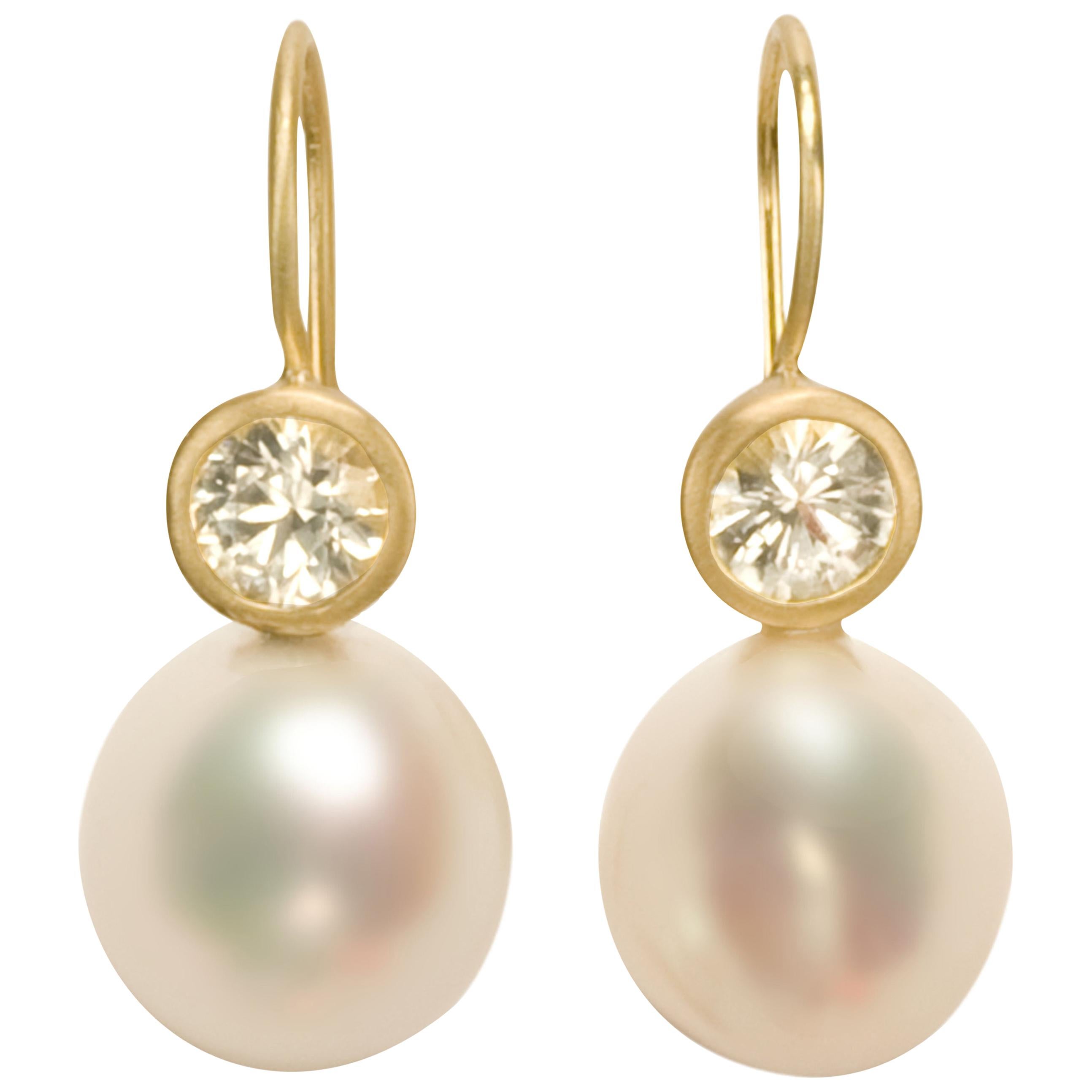 Faye Kim 18 Karat Gold White Sapphire Pearl Drop Earrings