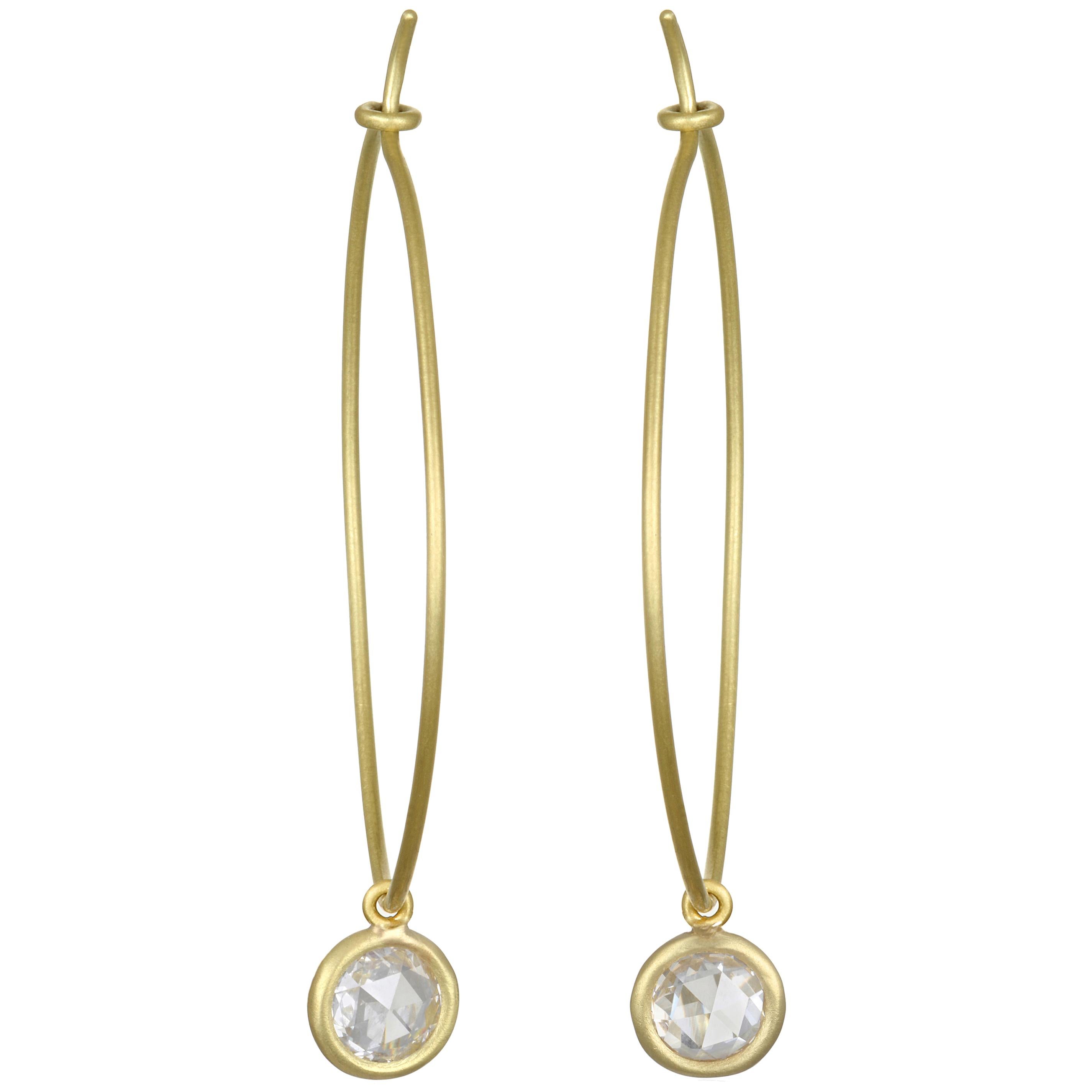 Faye Kim 18 Karat Gold Wire Hoop Earrings with White Sapphire Drops