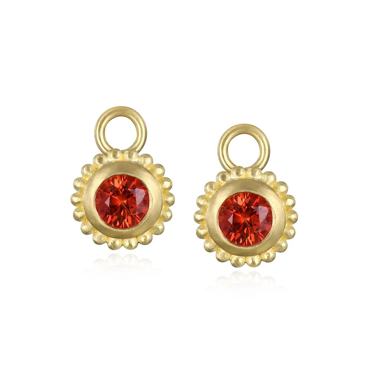 Faye Kim's 18 Karat Gold Wire Hoops - Matte finished, with removable Orange Sapphire Granulation Drops, these earrings would be a versatile and stylish addition to your jewelry collection.

Hoops 1