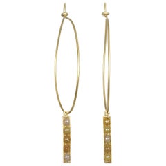 Faye Kim 18 Karat Gold Wire Hoops with Yellow Raw Diamond Bar Drops