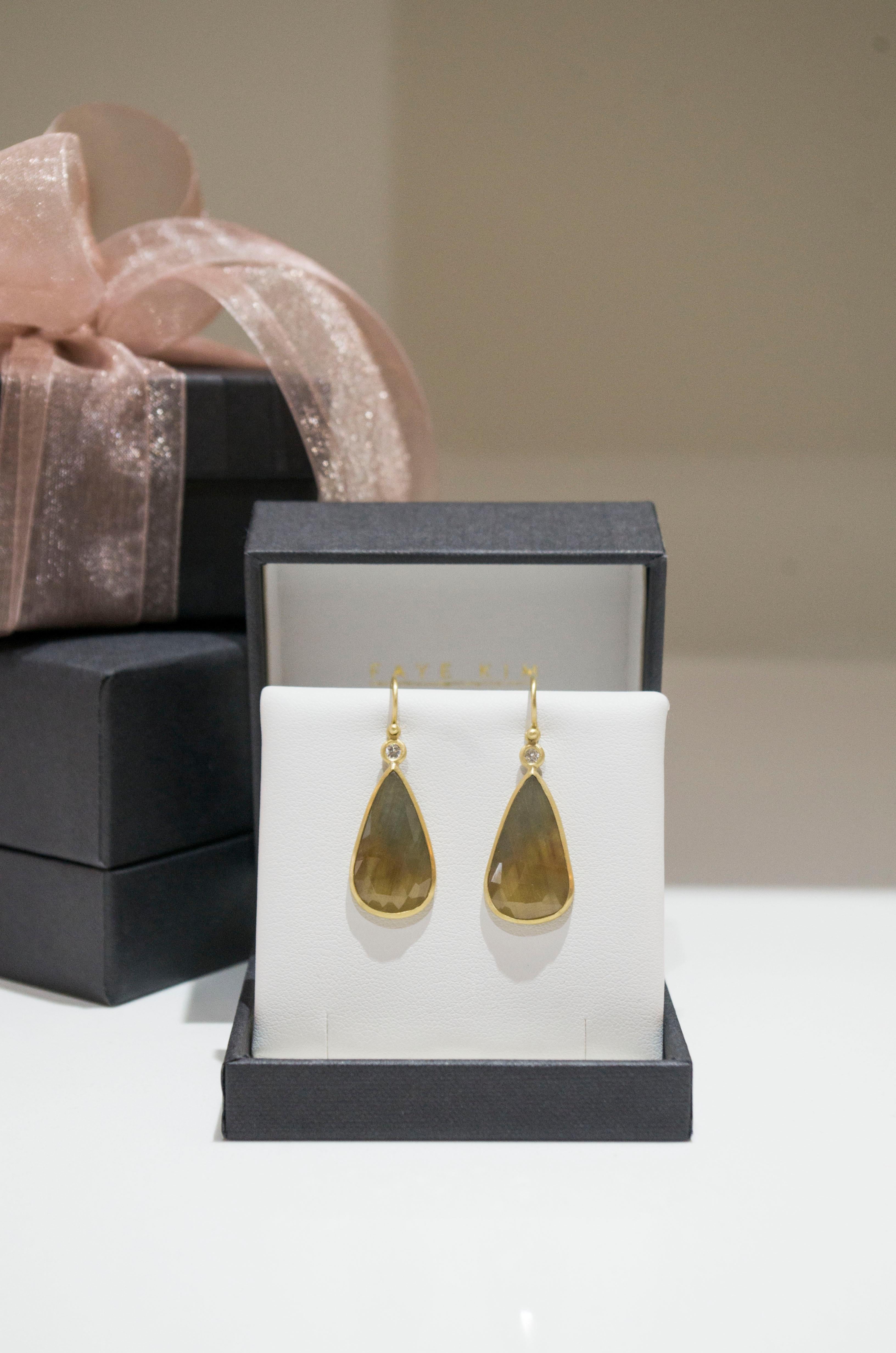 Contemporary Faye Kim 18 Karat Gold Yellow Sapphire and Diamond Bezel Drop Earrings For Sale