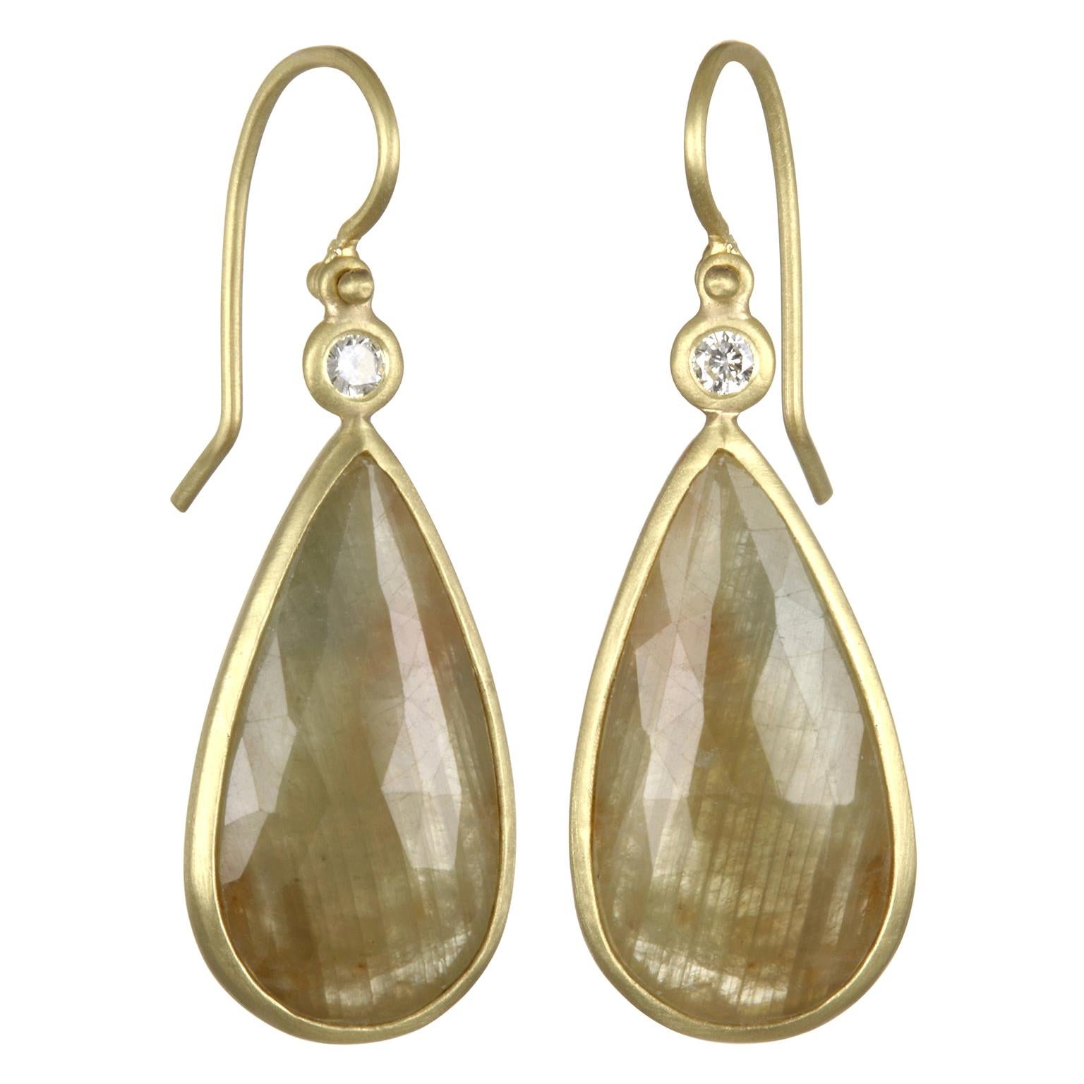Faye Kim 18 Karat Gold Yellow Sapphire and Diamond Bezel Drop Earrings For Sale