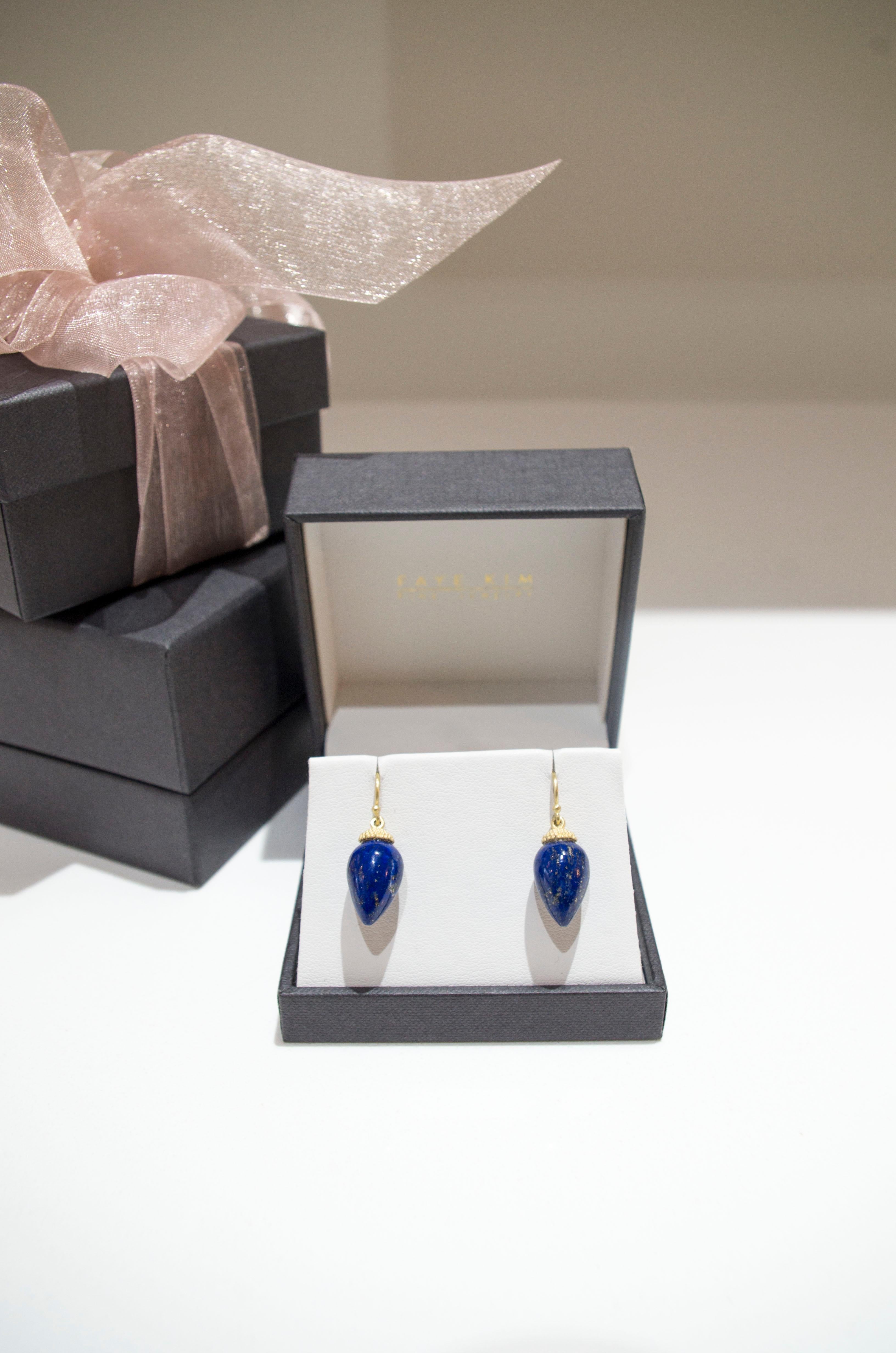 Faye Kim's vibrant 18 Karat Gold Lapis Acorn Drop Earrings are the perfect go-to earrings when you want a pop of color!  The acorn drops are finished with an 18k gold granulation cap and french ear wires.  

Length from top of granulation cap to