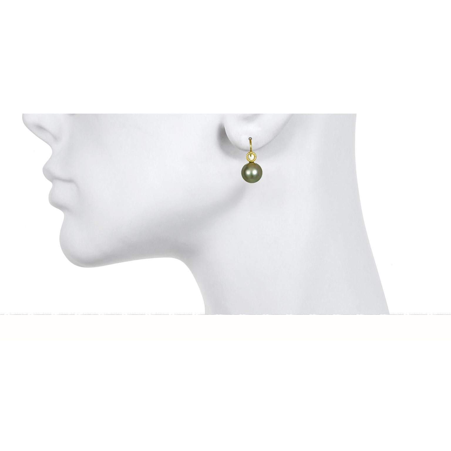 Classic yet with a modern approach, Faye Kim's Pistachio hued Black Tahitian cultured pearl earrings are finished with a pair of white rose cut diamonds.  Coveted and hard to find Pistachio color, perfectly matched in size, color, and luster.