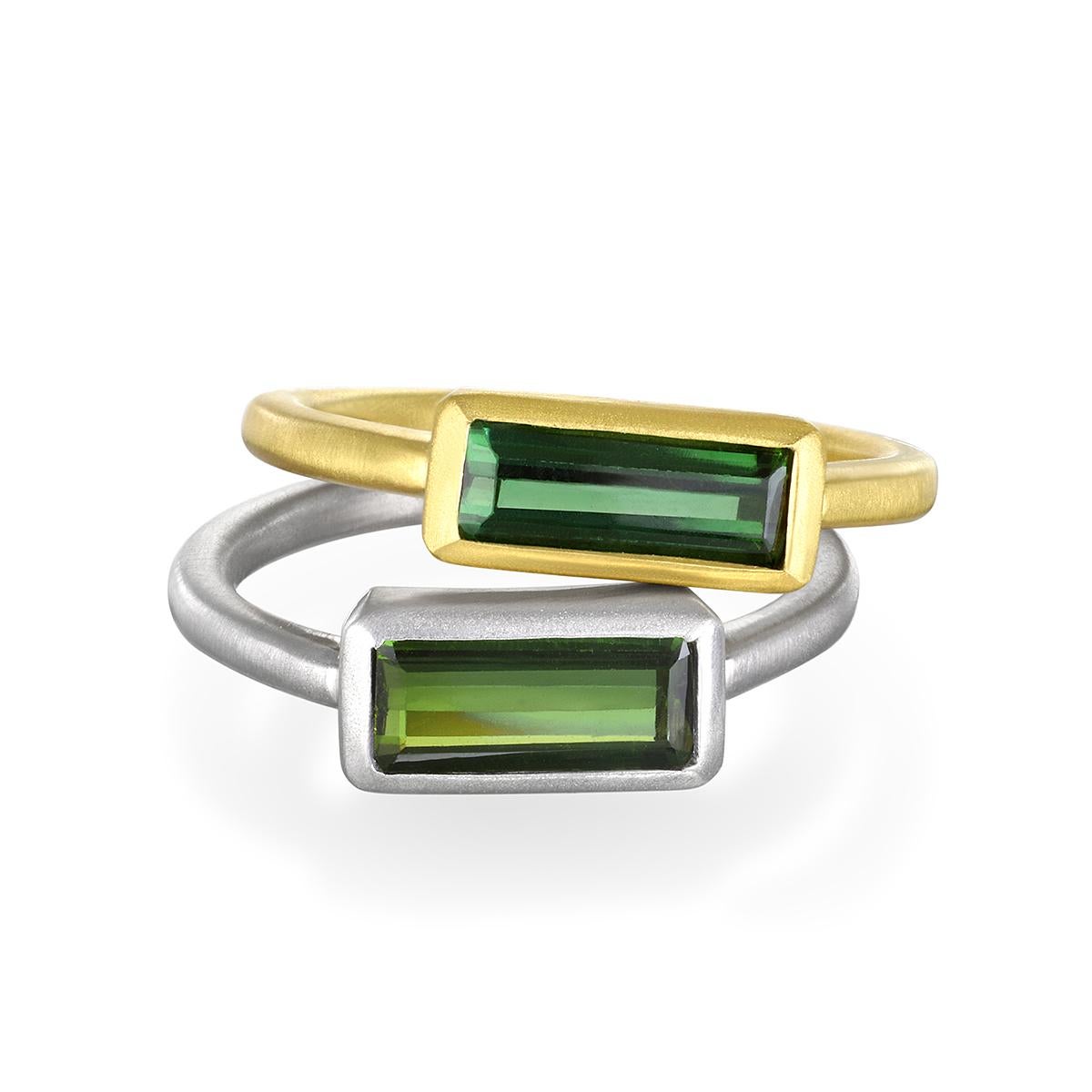 One of a kind - Faye Kim's signature 18K White Gold Green Tourmaline Bezel Baguette Ring, with its matte finish, is beautiful worn alone or stacked with other rings. It offers both a contemporary and timeless elegance and feel, and is available in
