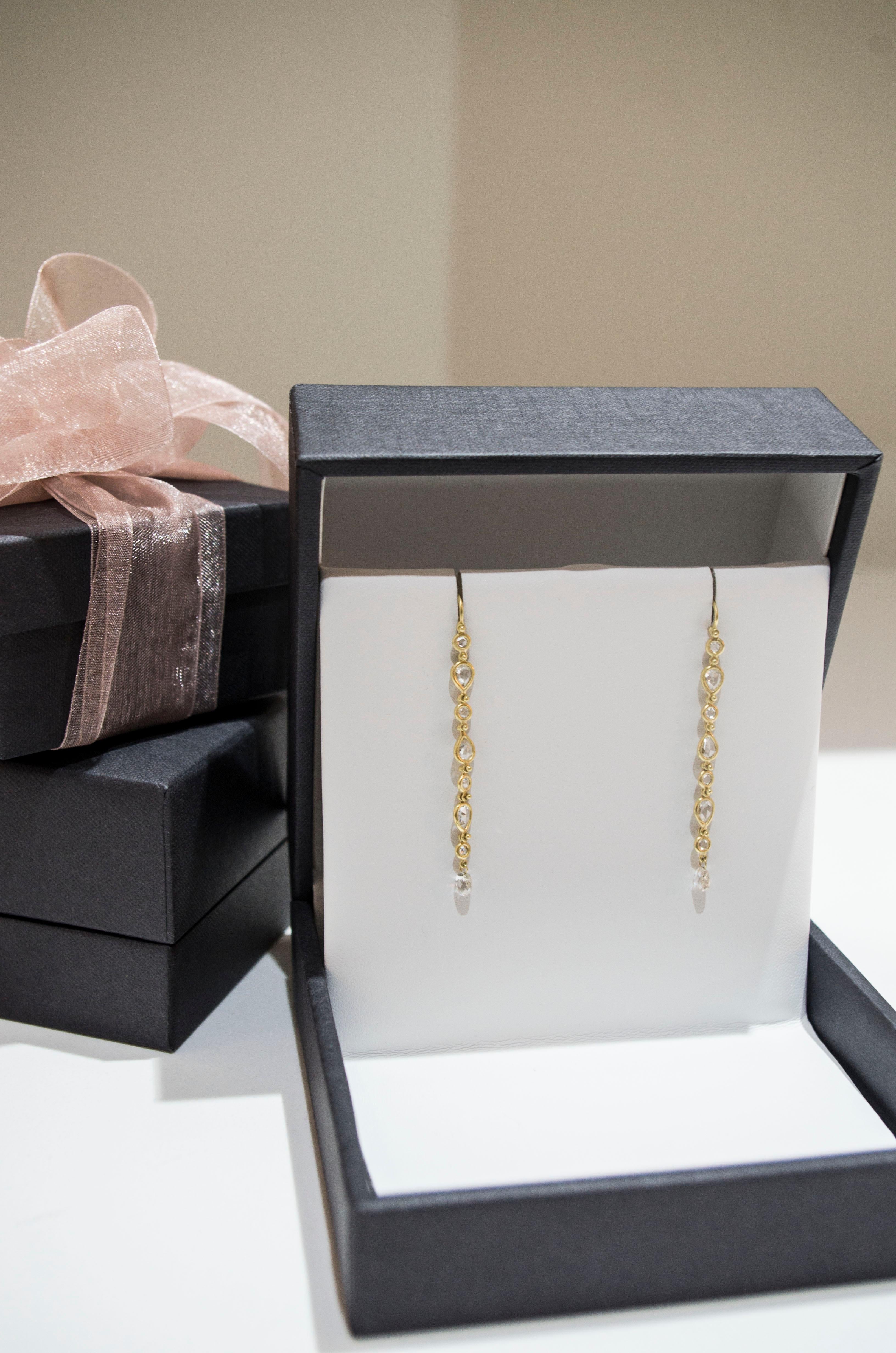 Contemporary Faye Kim 18 Karat Gold White Rose Cut Diamond Line Earrings