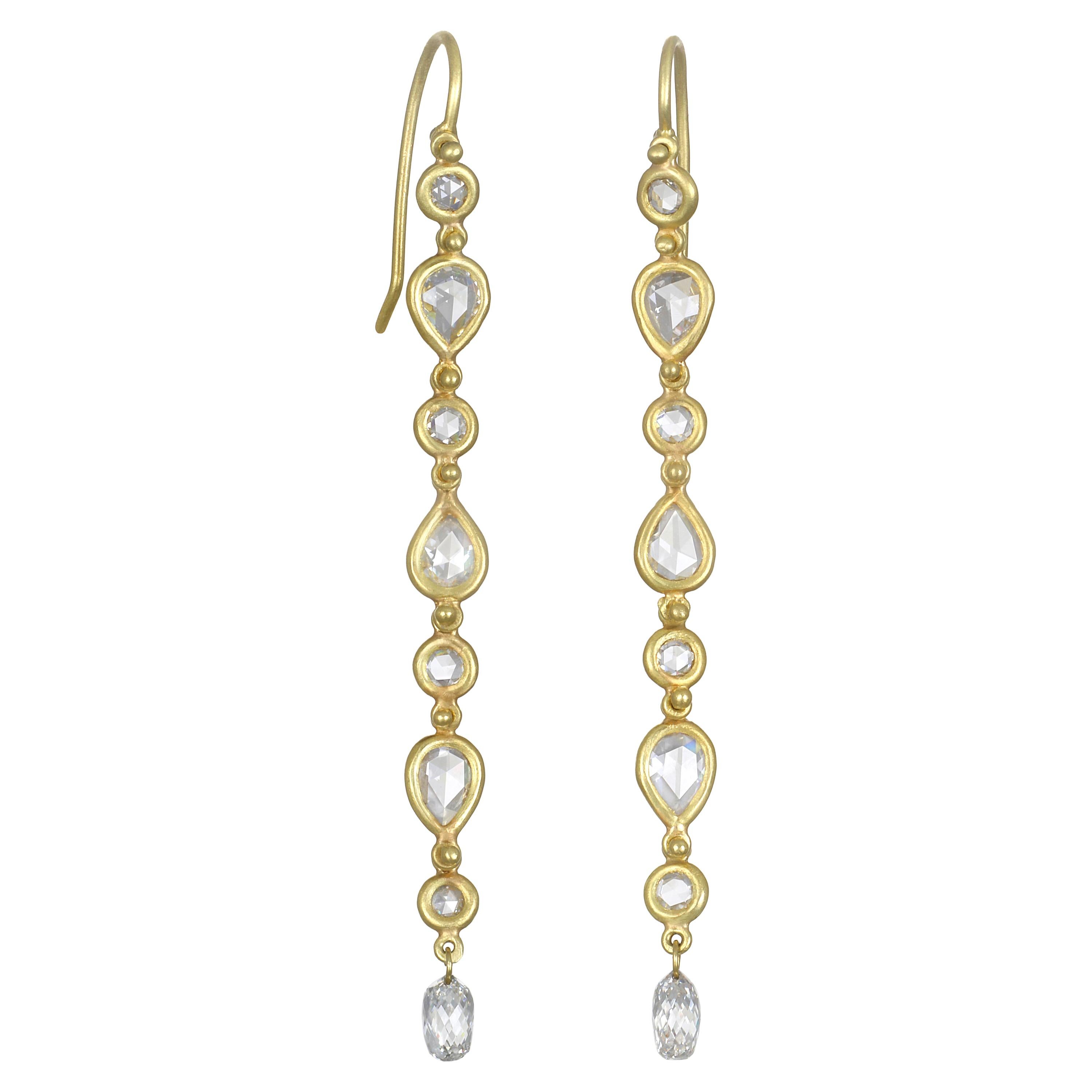 Faye Kim 18 Karat Gold White Rose Cut Diamond Line Earrings