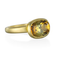 Faye Kim 18 Karat Gold 5.54 Carat Yellow-Olive Cushion Cut Tourmaline Ring