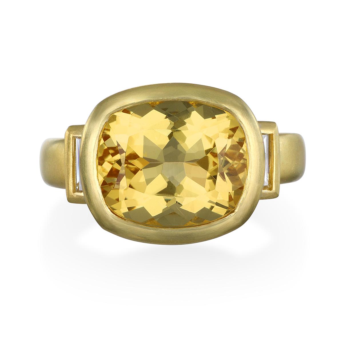  Although Beryl is best known for its famous gem varieties Emerald and Aquamarine, it comes in a variety of colors. Golden Beryl is yellow with a shade that is pure and bright. Beautifully set in 18k gold, accented with diamond baguettes, it's the