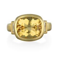 Faye Kim 18k Gold Antique Cushion Golden Beryl and Diamond Ring Three-Stone Ring