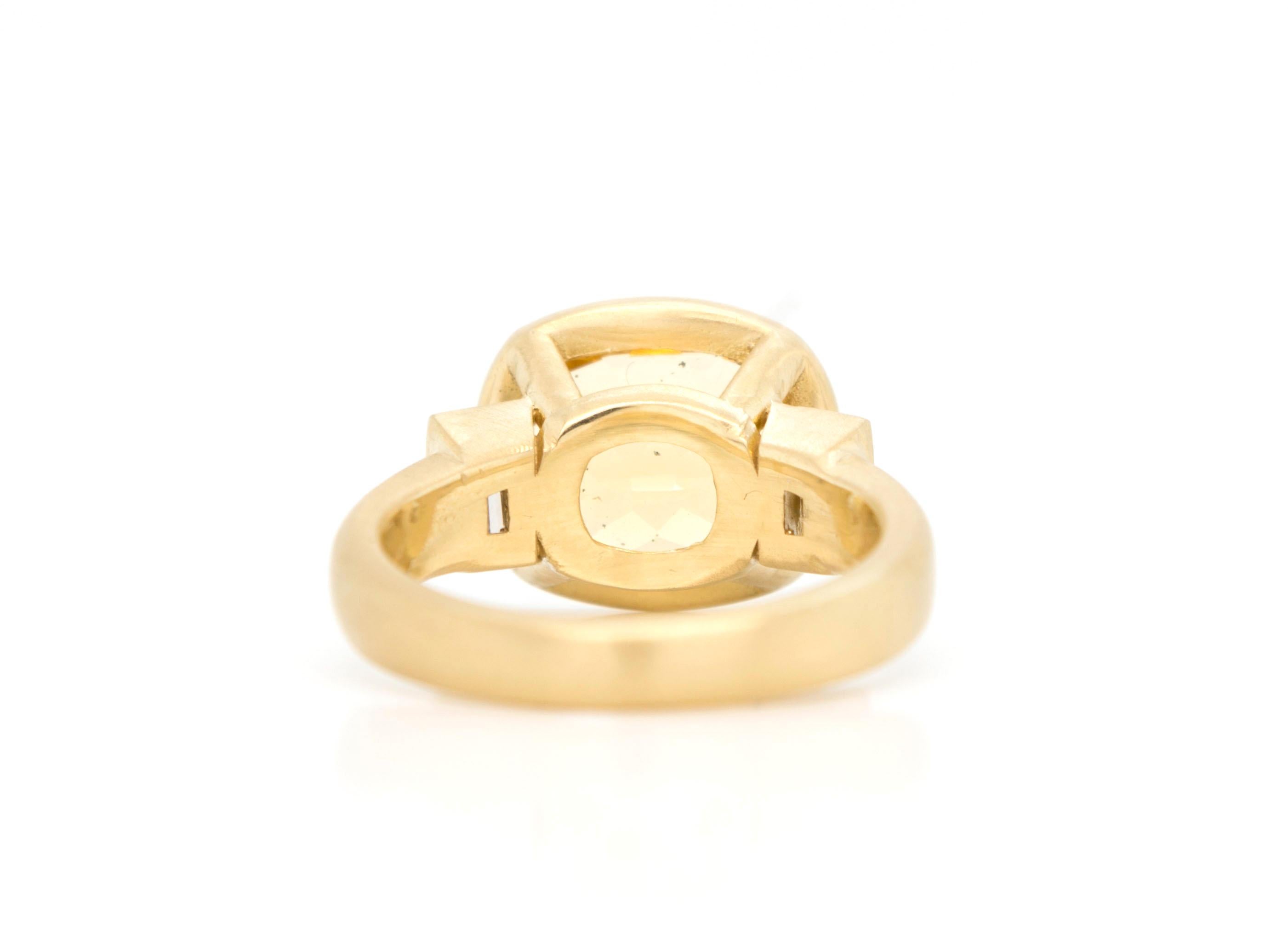 Women's Faye Kim 18k Gold Antique Cushion Golden Beryl and Diamond Ring Three-Stone Ring For Sale