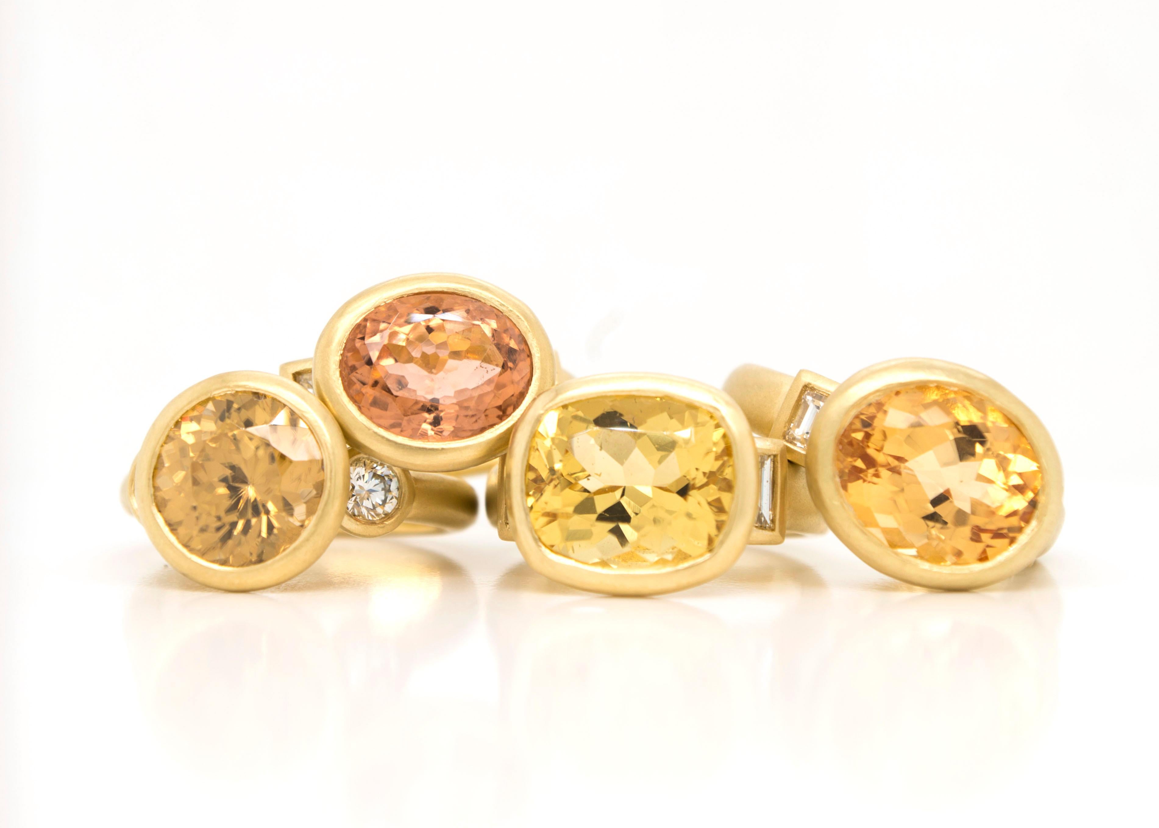 Faye Kim 18k Gold Antique Cushion Golden Beryl and Diamond Ring Three-Stone Ring For Sale 1