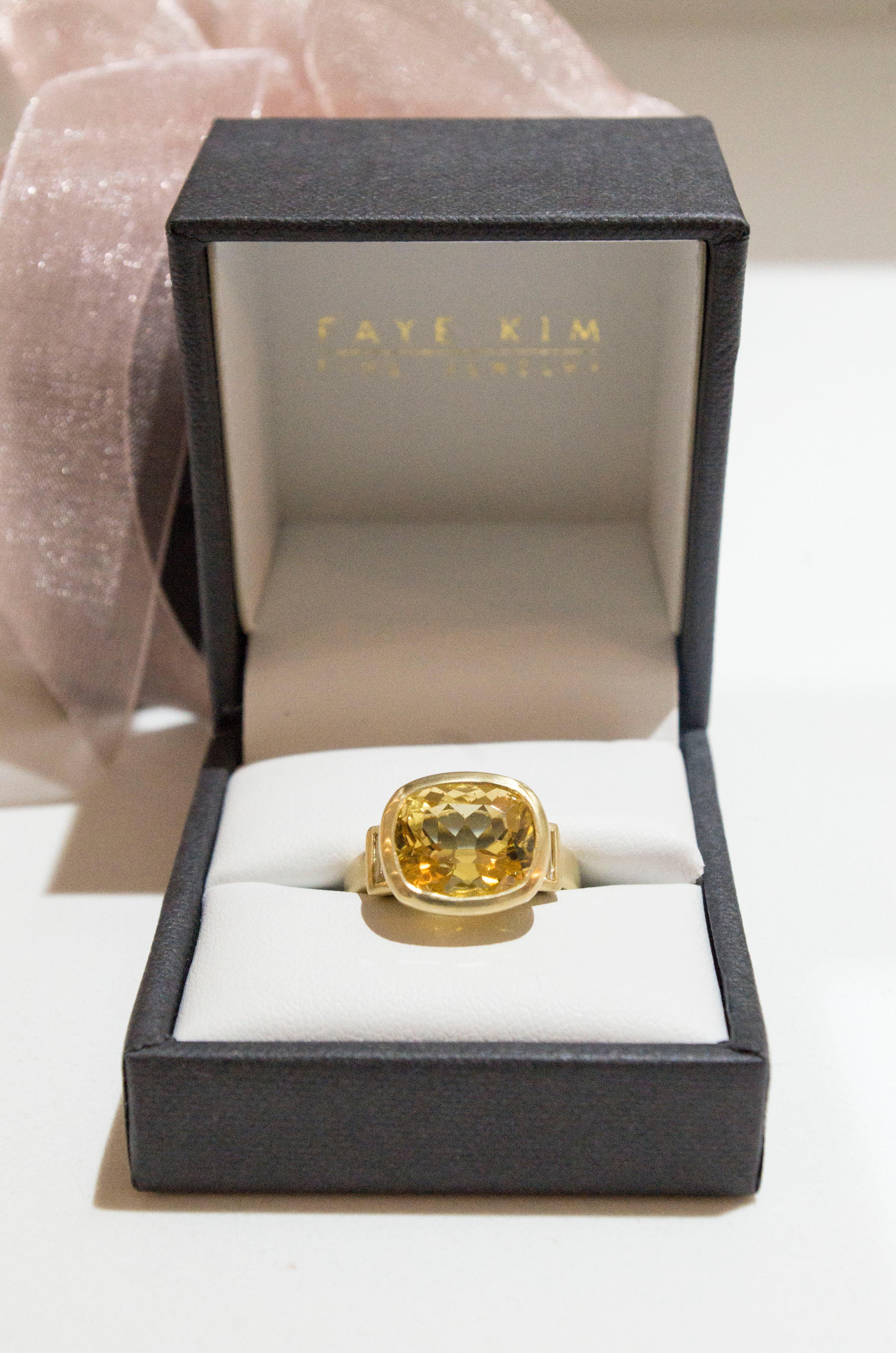 Faye Kim 18k Gold Antique Cushion Golden Beryl and Diamond Ring Three-Stone Ring In New Condition For Sale In Darien, CT
