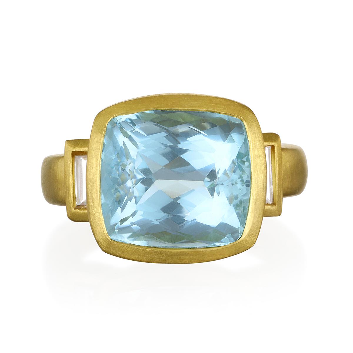 Contemporary Faye Kim 18 Karat Gold Aquamarine and Diamond Three-Stone Ring