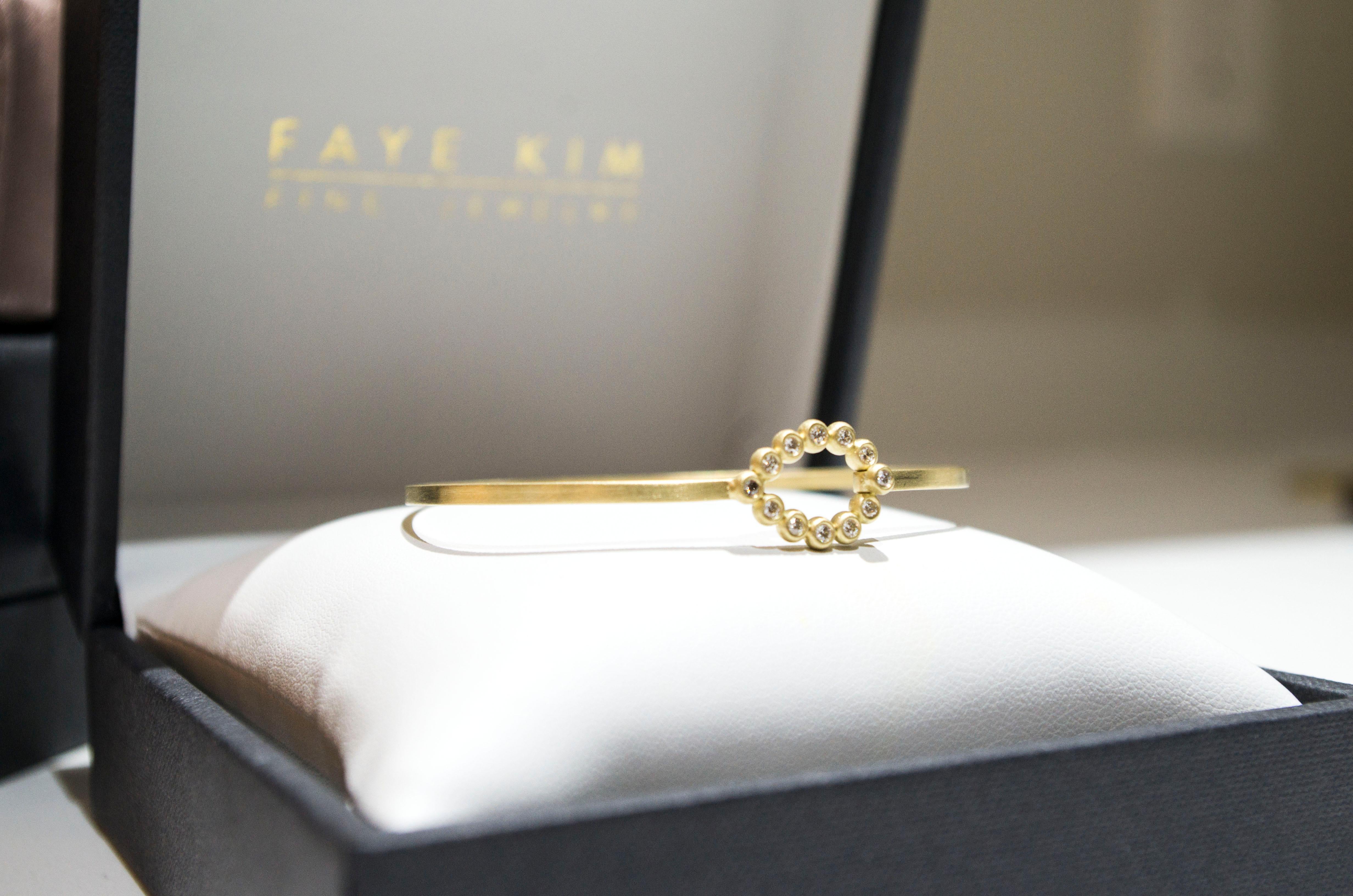 Round Cut Faye Kim 18k Gold Bangle Bracelet with Diamond Tear Drop Closure For Sale